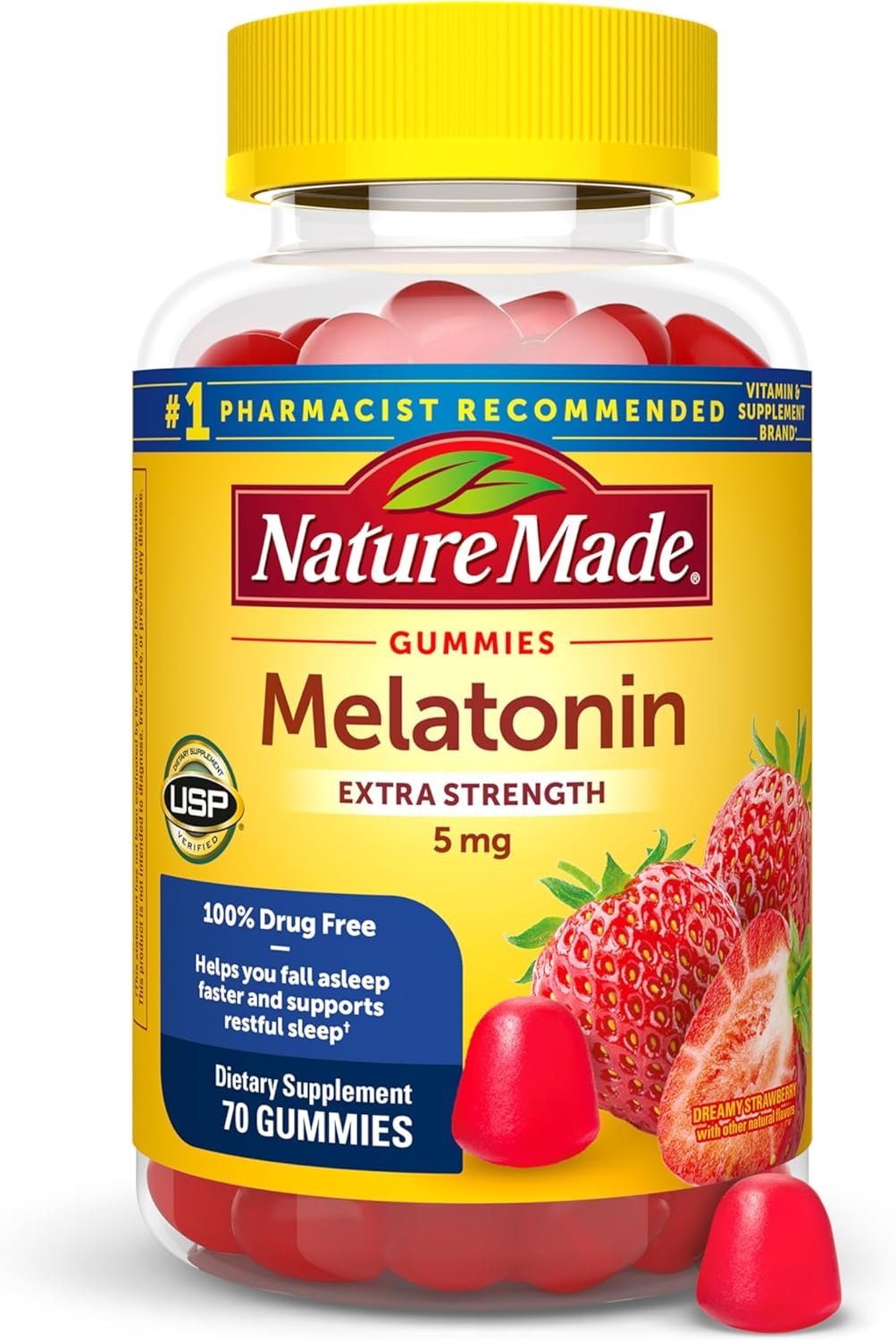 Nature Made Melatonin 5mg Adult Melatonin Gummies, 70 Gummies | 100% Drug Free Sleep Aid for Adults, Extra Strength Nature Made Melatonin, Strawberry Flavor, 70 Day Supply