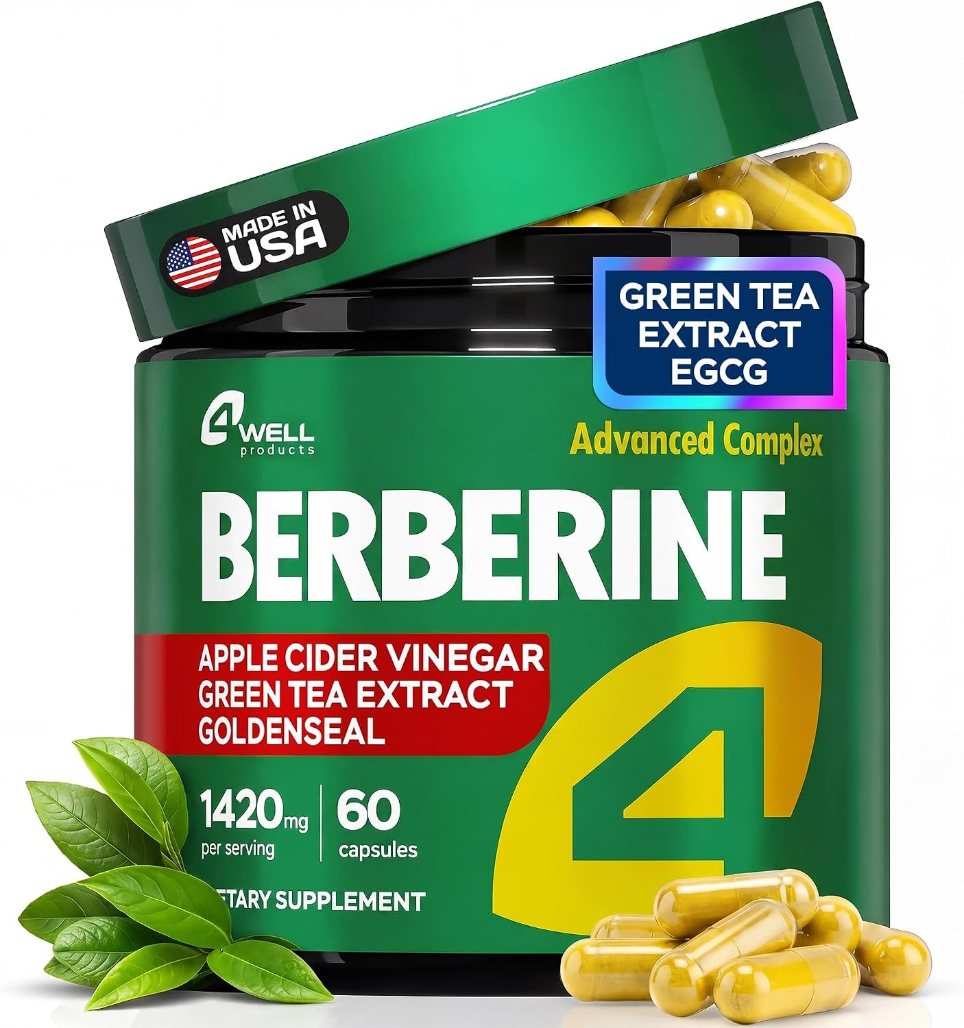 Berberine HCL 1200mg & Japanese Green Tea Extract 150mg – Berberine Supplement for Metabolic Support with Apple Cider Vinegar & Goldenseal, Body Composition, Digestive & Immune Support, 60 Capsules