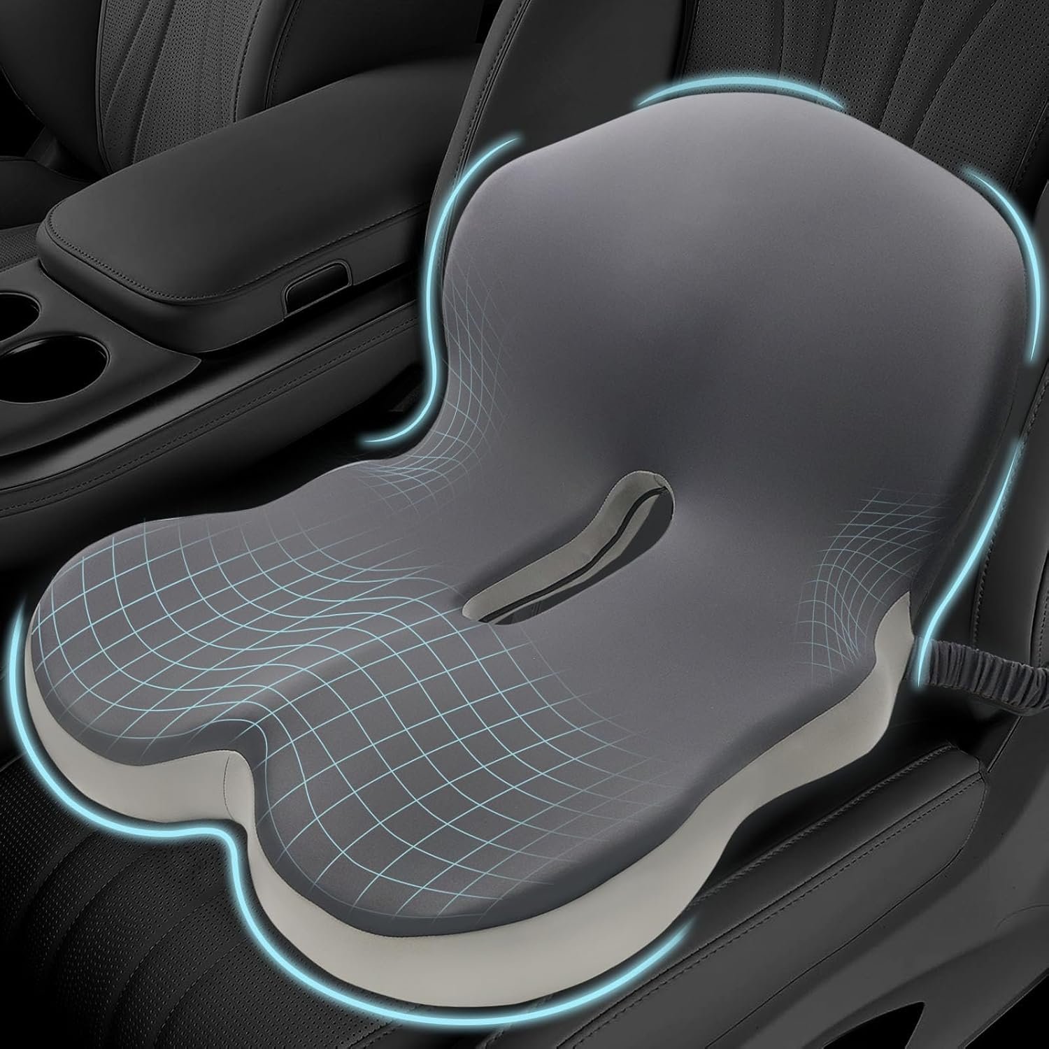 Memory Foam Seat Cushion for Sciatica & Back Pain Relief – Ergonomic Chair Pad with Adjustable Strap & Supportive Comfort Cover, Non-Slip for Car, Truck, Office Chair – Dark Gray&Light Gray