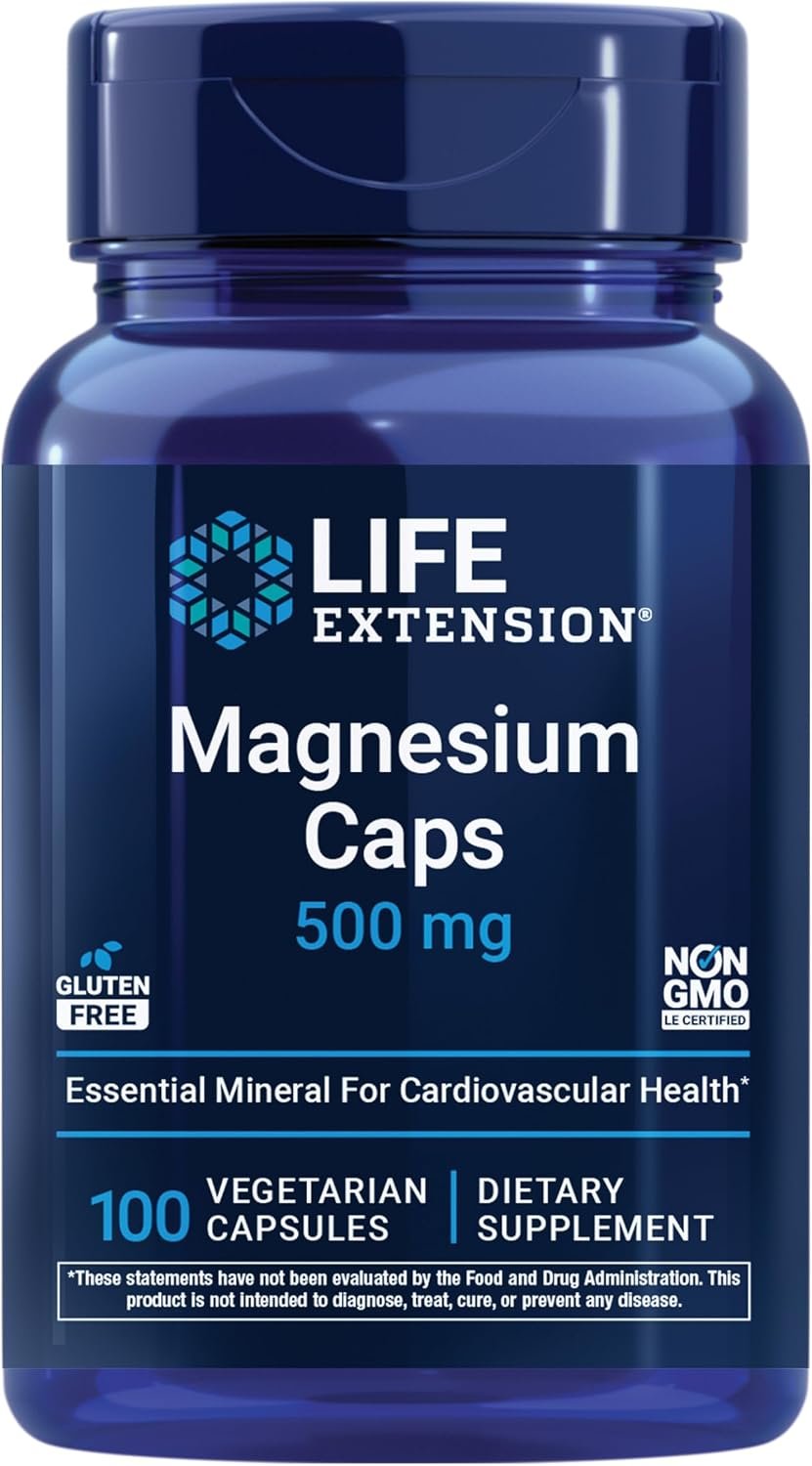 Life Extension Magnesium Caps, 500 mg, Magnesium Oxide, Citrate, and Succinate, Heart Health, Healthy Bones, Metabolism Support, 100 Vegetarian Capsules | Magnesium Oxide, Citrate & Succinate Blend for Heart Health, Healthy Bones & Metabolism, 100 Vegetarian Caps
