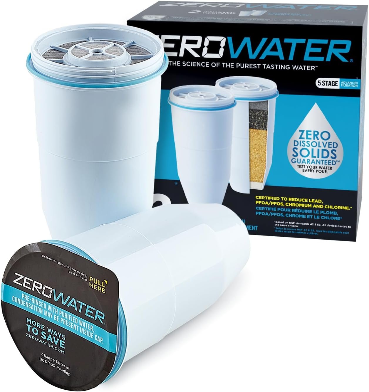 ZeroWater, Official Replacement Filter – 5-Stage 0 Tds Filter Replacement – System Iapmo Certified to Reduce Lead, Chromium, and Pfoa/Pfos, 2-Pack