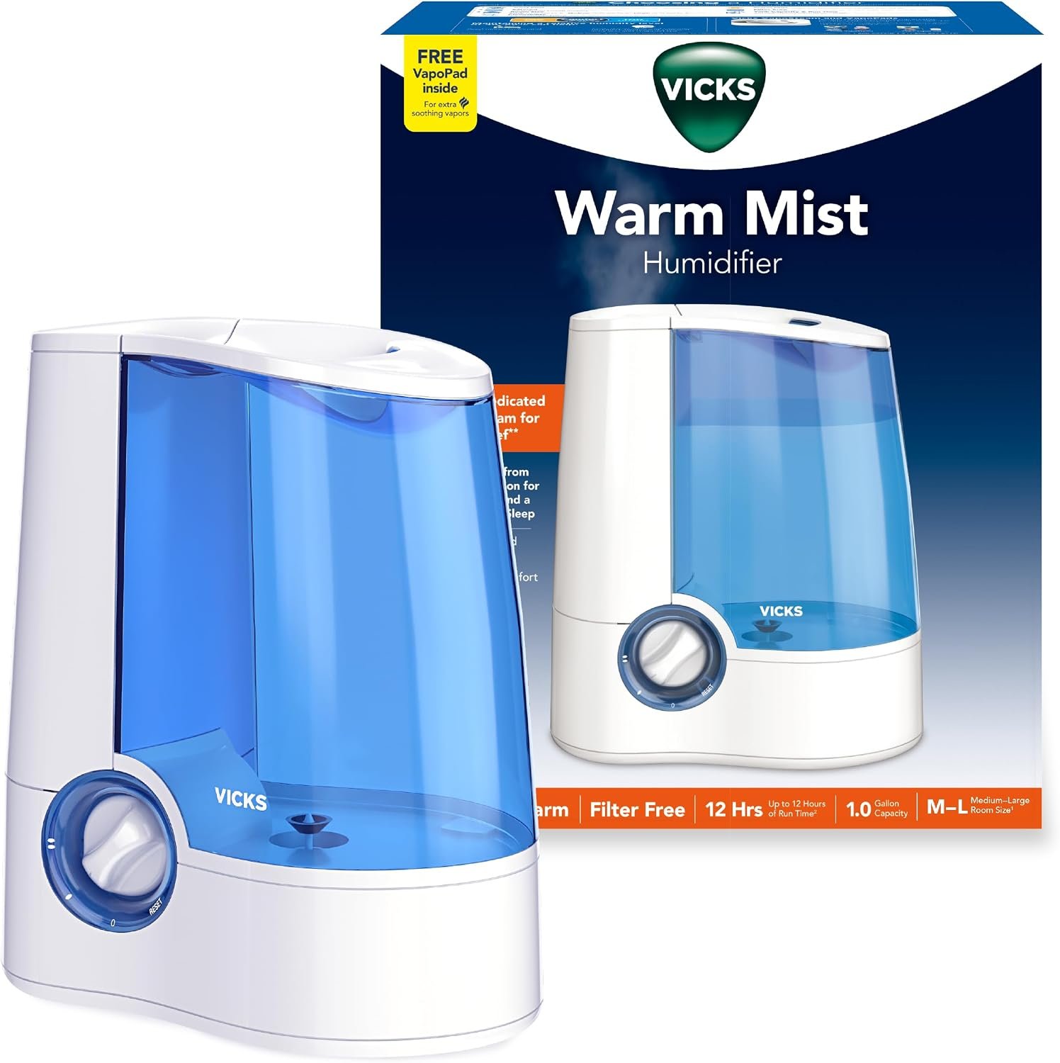 Vicks Warm Mist Humidifier for Small to Medium Rooms, White | Filter-Free Operation with a 1-Gallon Tank, Auto Shut-Off, Night Light, Works with VapoPad & VapoSteam