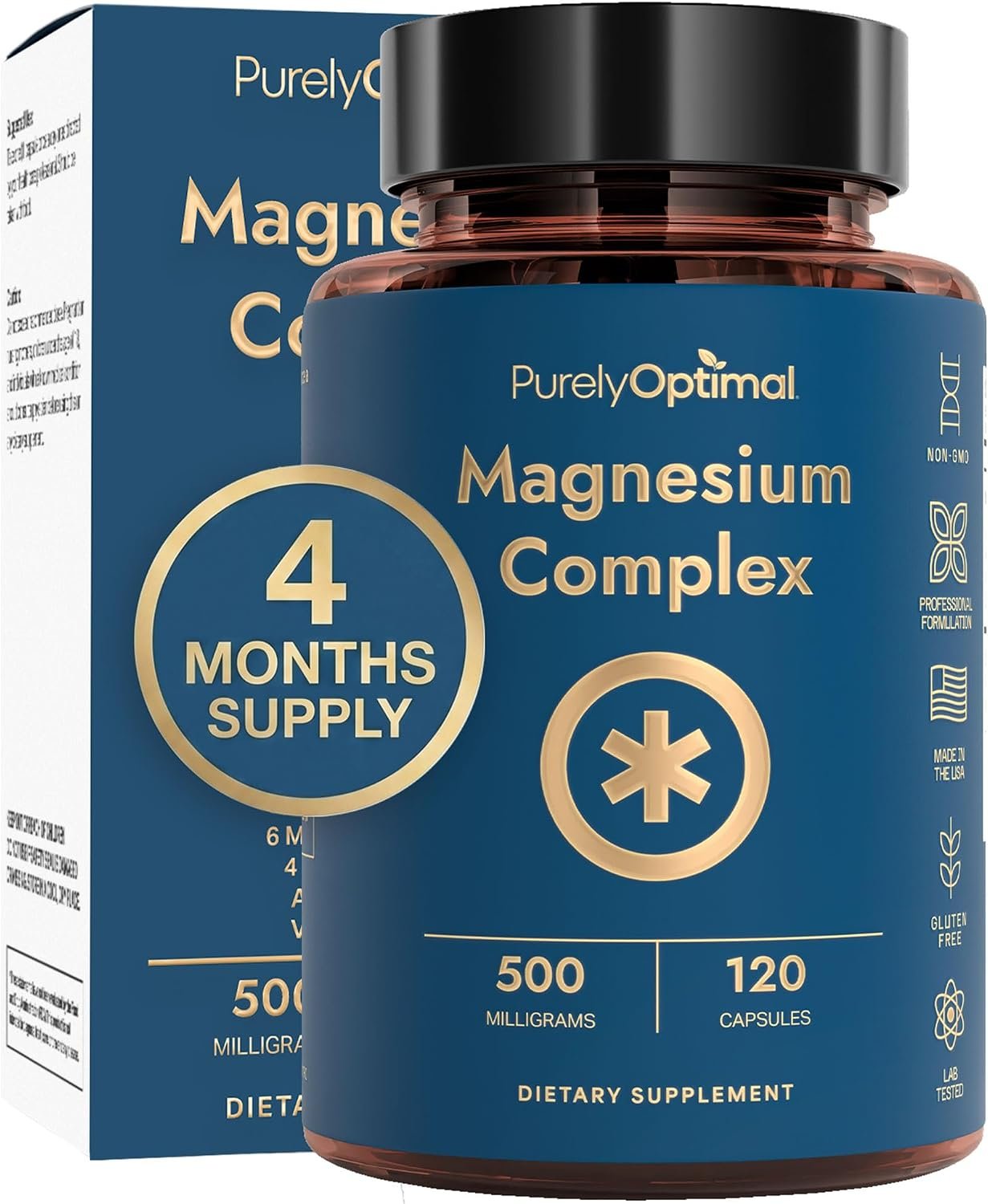 Purely Optimal Magnesium Complex – 6 Forms Magnesium Glycinate, Citrate & Malate – Sleep Support, Stress Relief, Muscles, Heart Health & Relaxation – Magnesium Supplement for Women & Men, 120 Caps