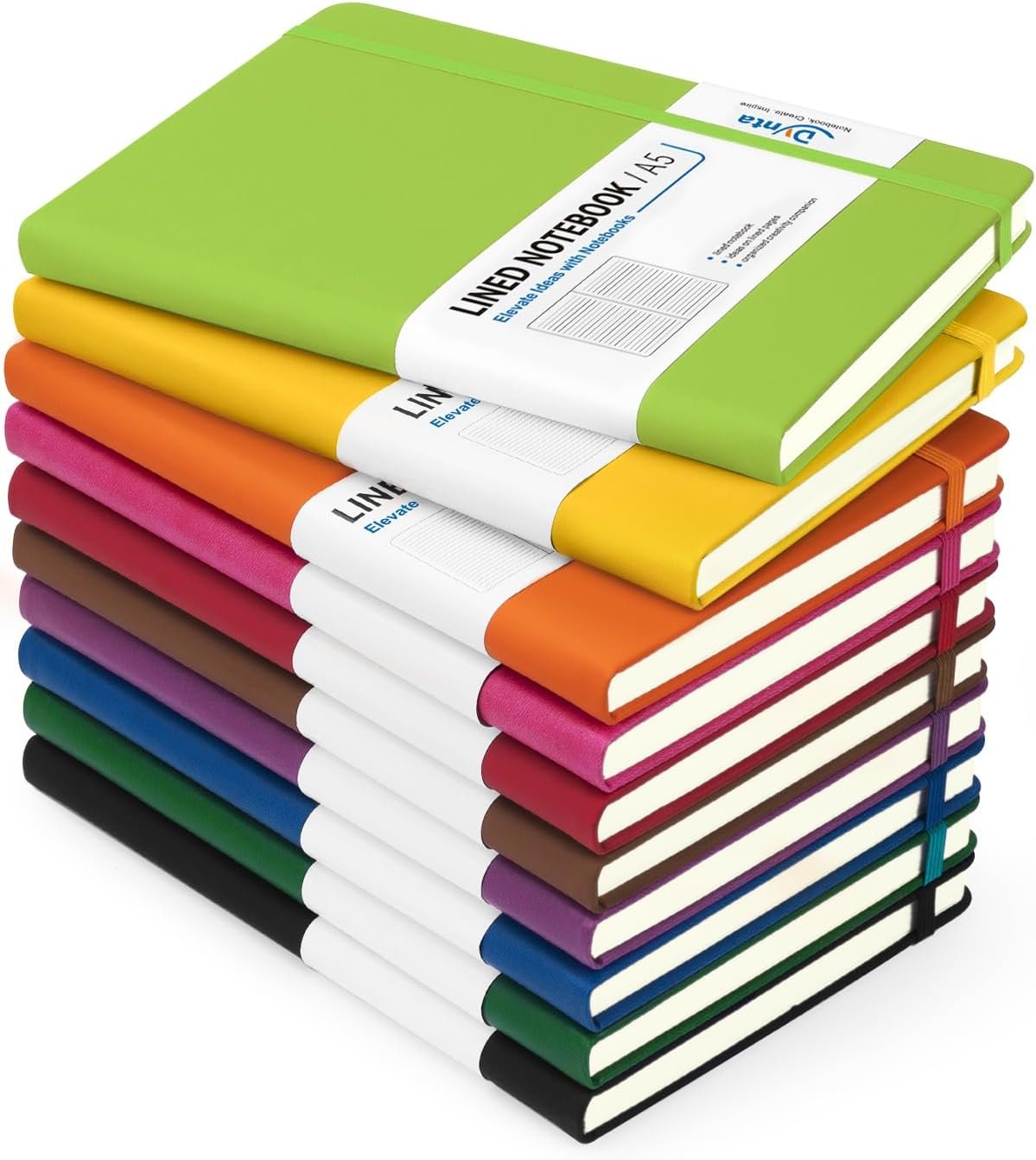 Dynta Hardcover Journal Notebooks A5 Lined 10 Journals Bulk for Writing | 200Pages/100Sheets, 8.4 X 5.8 Inch, 10 Colors Classic Ruled Notebook for Work/Travel/College/Note Taking