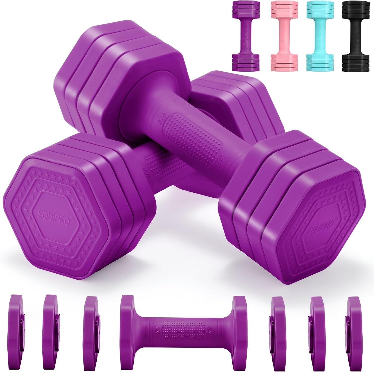 EQUIPRO Adjustable Dumbbell Set, 4 in 1 Free Weights Dumbbells Set for Women, Weights for Women at Home, 2lb 3lb 4lb 5lb with TPU Soft Rubber Handle for Home Gym Exercise Training