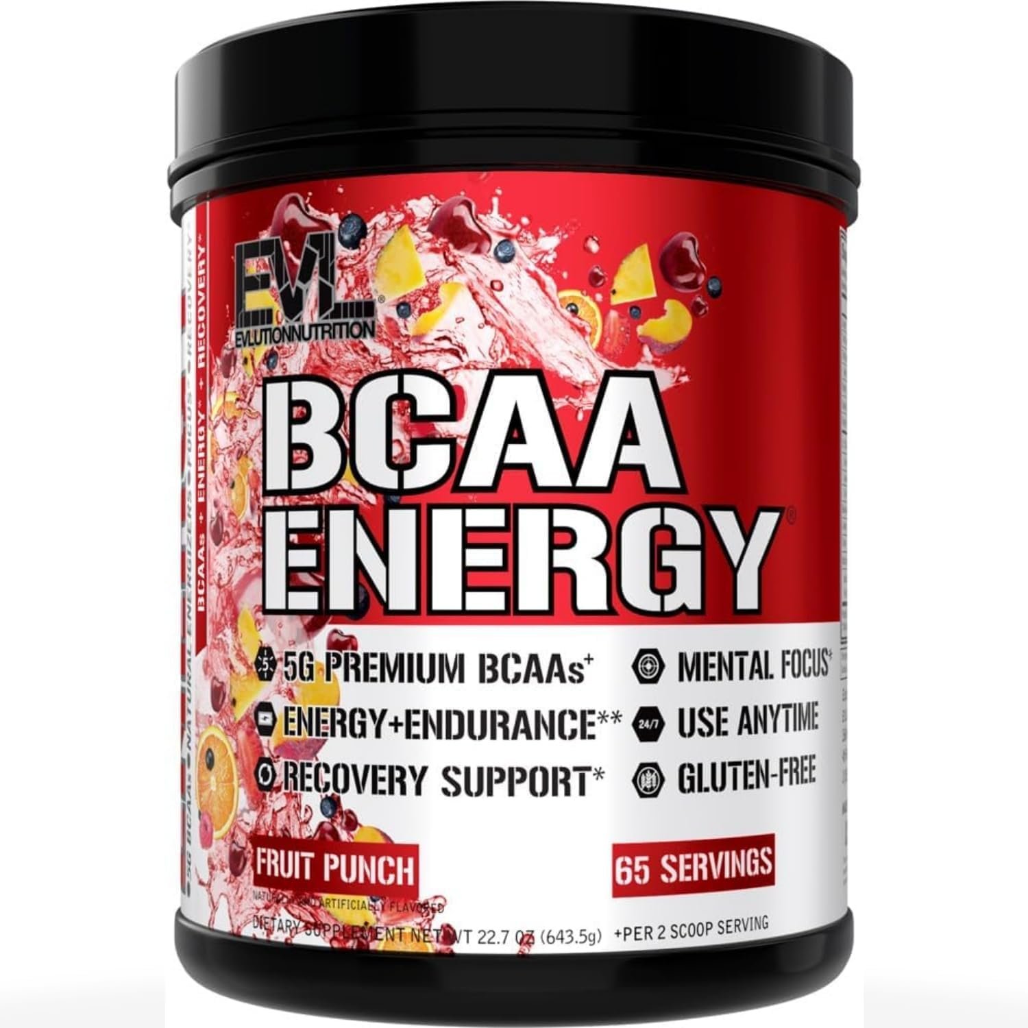 EVL BCAA Energy Amino Acids Powder with Natural Caffeine – Fruit Punch | Supports muscle recovery, lean growth, endurance and hydration with branched-chain amino acids (BCAAs) – 65 Servings