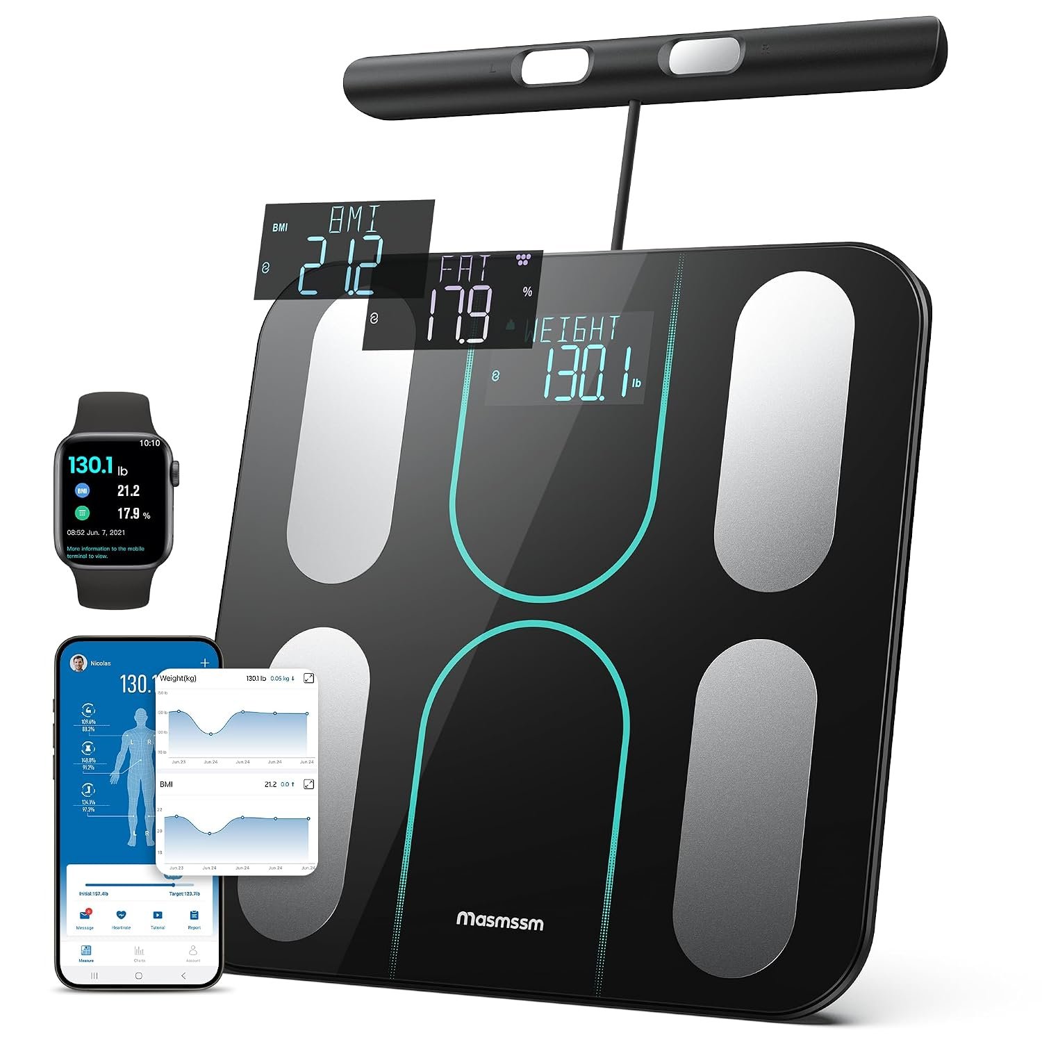 Smart Scale for Body Weight and Fat, 8-Electrode Full-Body Composition Scale with Handle, Dual-Frequency BIA, 28 Body Metrics, High Accuracy Digital Bathroom Scale, FSA&HSA Eligible