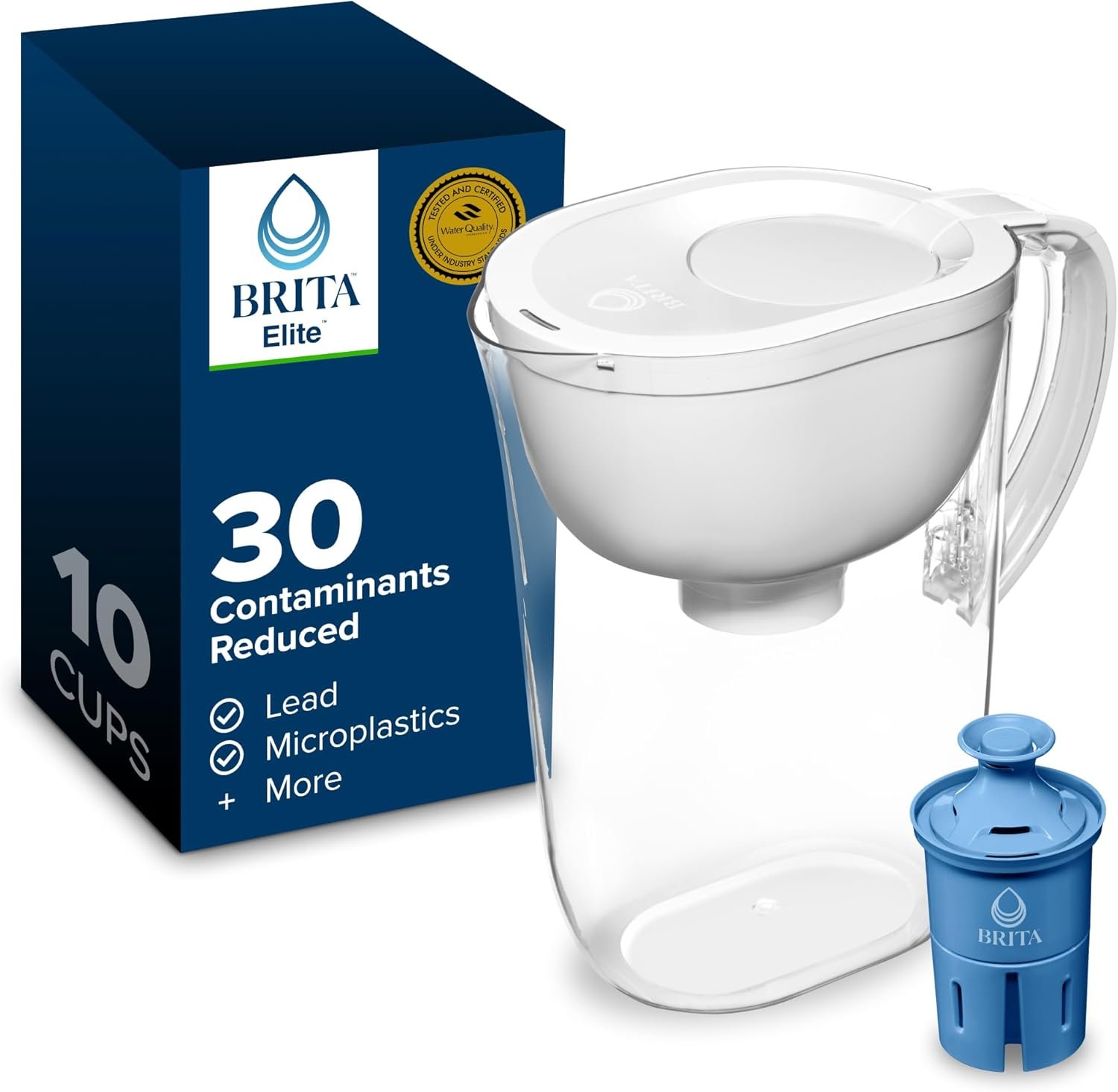 Brita Large 10-Cup Elite Water Filter Pitcher, WQA NSF/ANSI Certified, Reduces 99% of Lead, Microplastics, & 30 Contaminants, BPA-Free, Removes Chlorine Taste & Odor, 1 Elite Filter, White