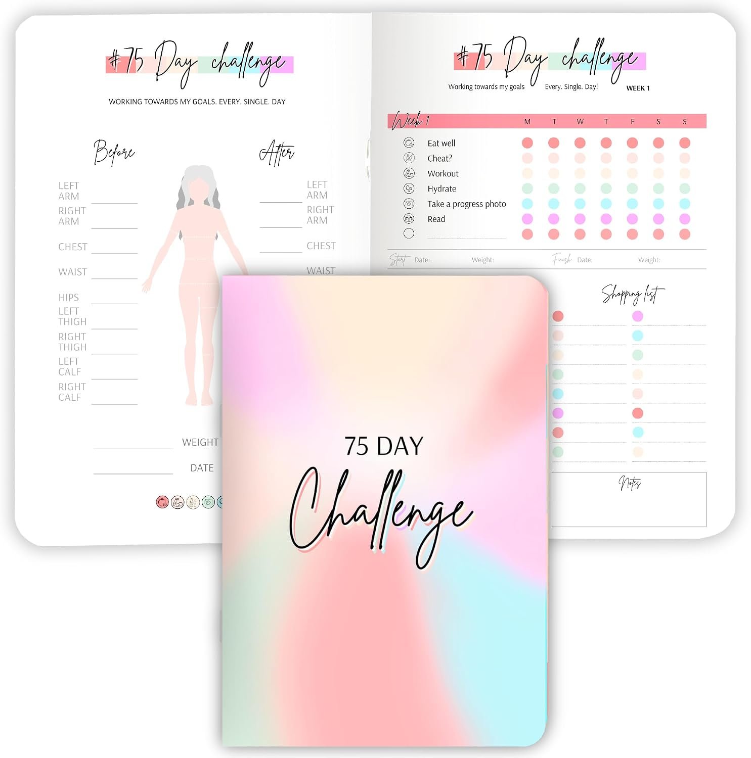 75 Day Challenge Tracker Notebook A5 | Colourful 75 Day Fitness & Habit Journal with Measurement Pages, Weekly Goal & Habit Tracker, Meal Planner, Bonus Pull-Out Poster, 120gsm Paper