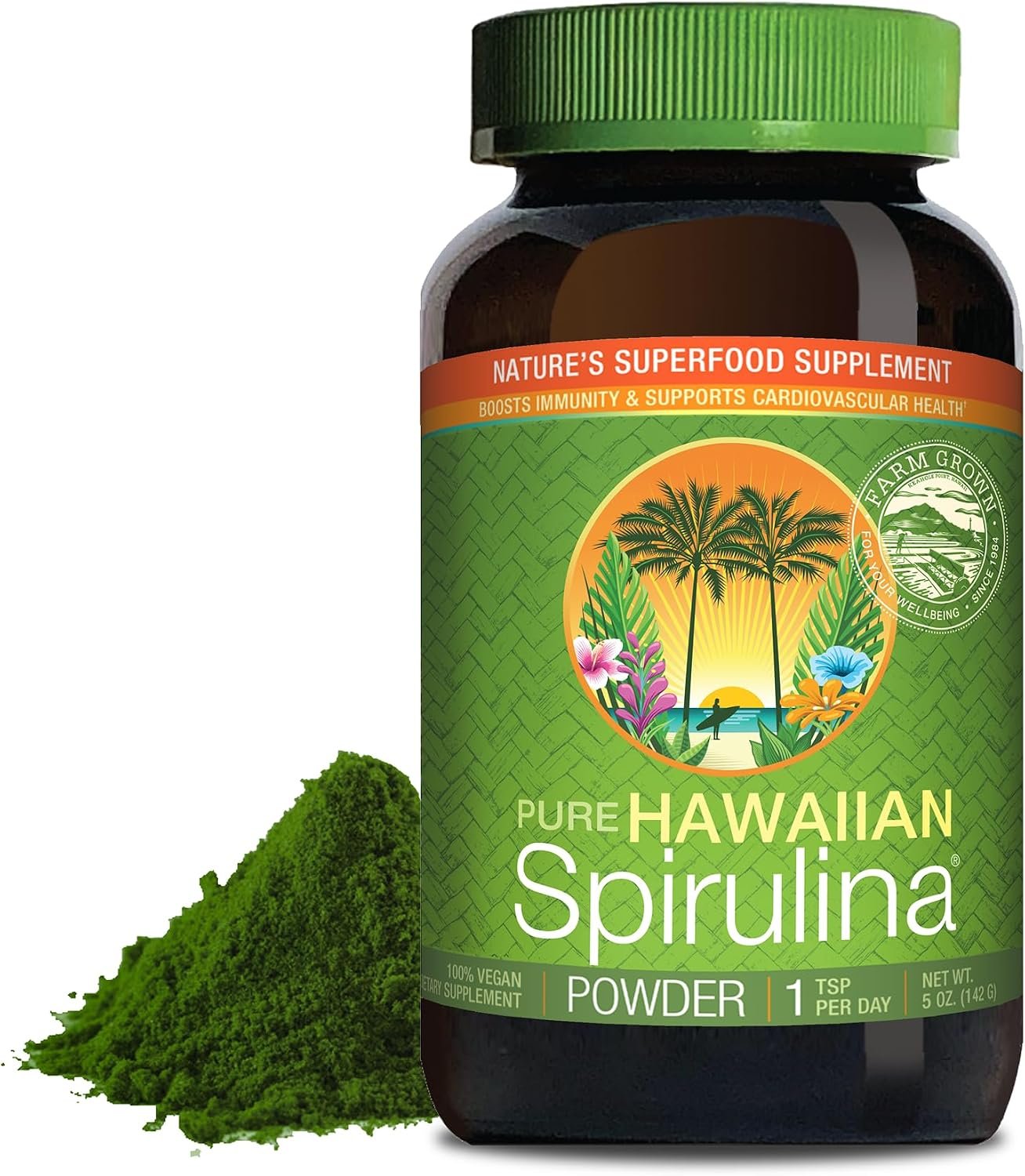 Nutrex Hawaii Pure Hawaiian Spirulina Powder, Vegan, Non-GMO, 5 oz | Spirulina Farm Grown in Kona, Hawaii, Non-GMO, Glyphosate Residue Free, 3rd Party Tested, 60% Protein, Superfood Supplement
