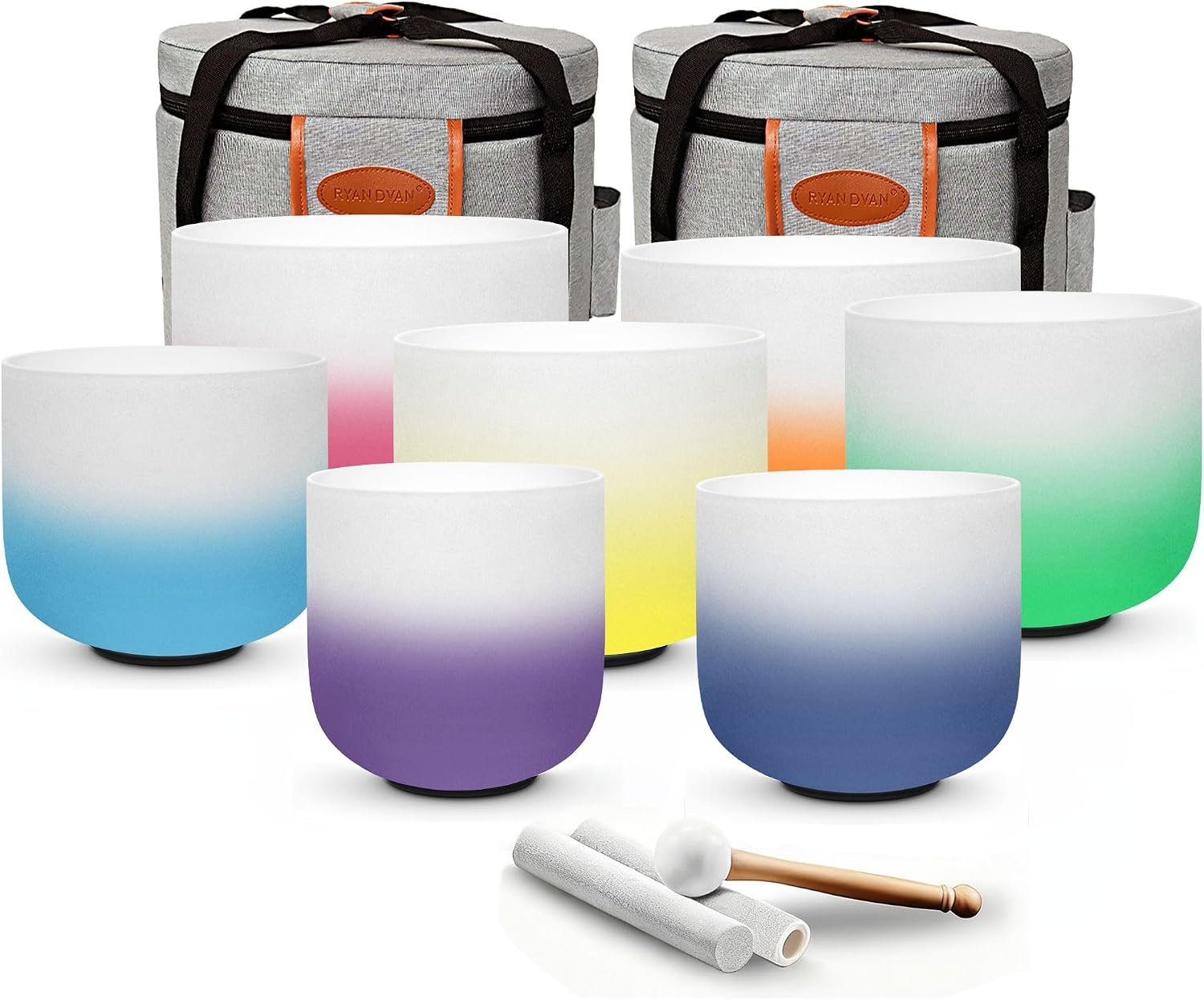 RYAN DVAN 432Hz 7″-12″ Gradient Color Crystal Singing Bowl Set of 7 | Frosted Quartz Singing Bowls for Sound Bath, Sound Therapy, Meditation, Yoga, Chakra Balancing & Stress Relief