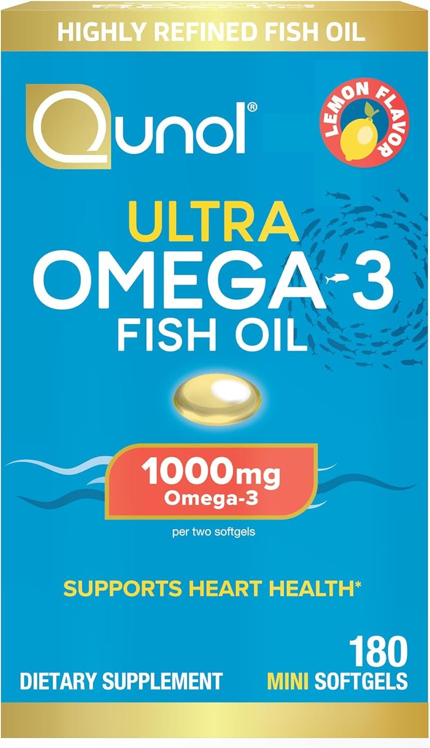 Qunol Ultra Omega-3 Fish Oil Mini Softgels, 1000mg EPA + DHA, 180ct | High Potency, Ultra-Purified Fish Oil, Support Heart Health and Brain Health, Lemon Flavor, Easy to Swallow Minis; Non-GMO