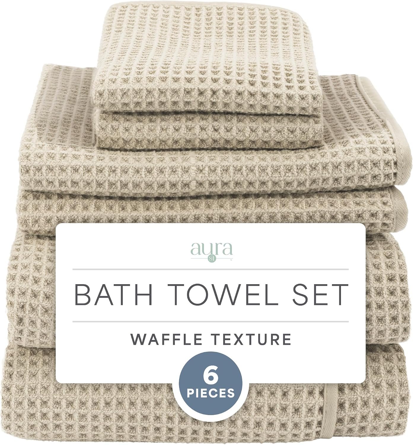 S&T INC. Aura Waffle Bath Towel Set, 6 Pieces, Beige | 2 Bath Towels, 2 Hand Towels, 2 Wash Cloths, Absorbent Microfiber, Quick-Dry and Lightweight, 420GSM
