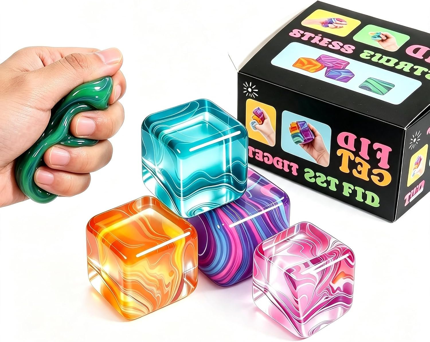 4Pack Fidget Toys Mini Squishy Stress Cube, Stress Balls for Kids, Adults Squishies Anxiety Stress Relief, Ice Squishy Cube Sugar Balls, Sensory Toys for Kids with Autism, Fidgets for Classroom Prize