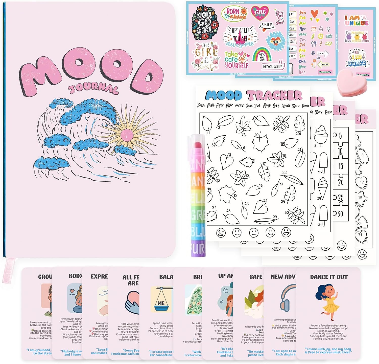 Mood Tracker Journal Set for Teen Girls & Tweens, Self Care Gift(Pink) | 126-Day Guided Journal, Mindfulness Cards, Mood Charts, Stickers & Crayon — Daily Self-Care Starter Kit