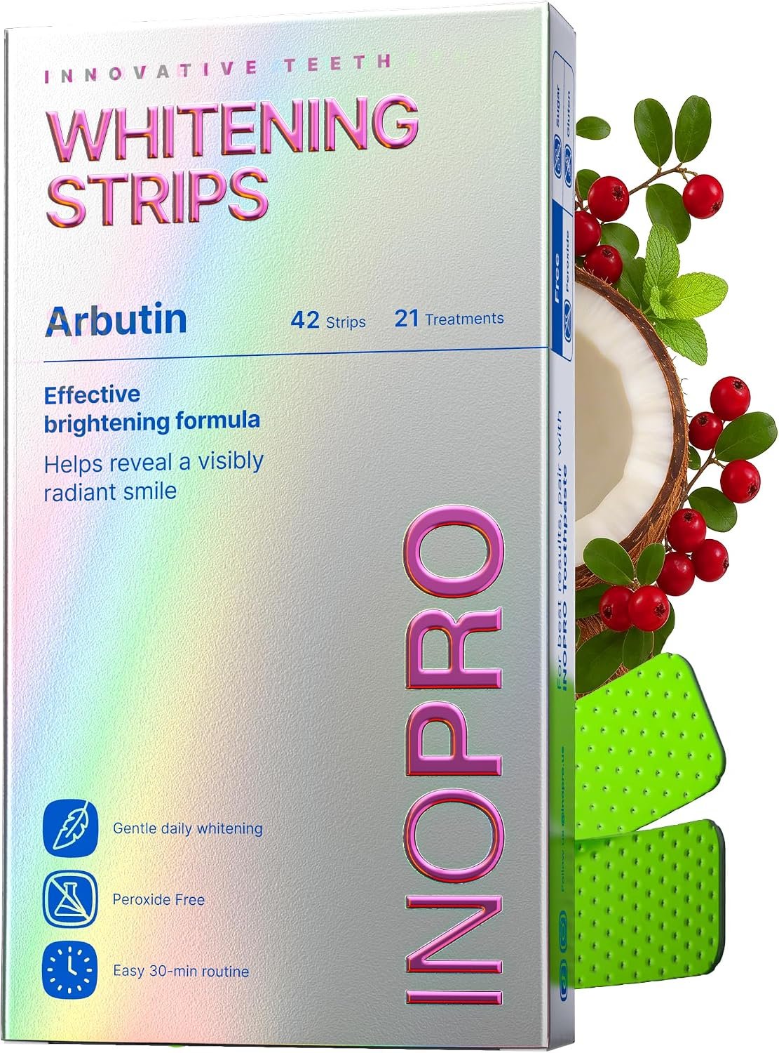 InoPro Teeth Whitening Strips 21 Treatments Kit – Teeth Whitener, Peroxide Free, Green White Strips for Teeth Whitening with Arbutin, Coconut Oil, Deep Stains Removal (42 Strips)