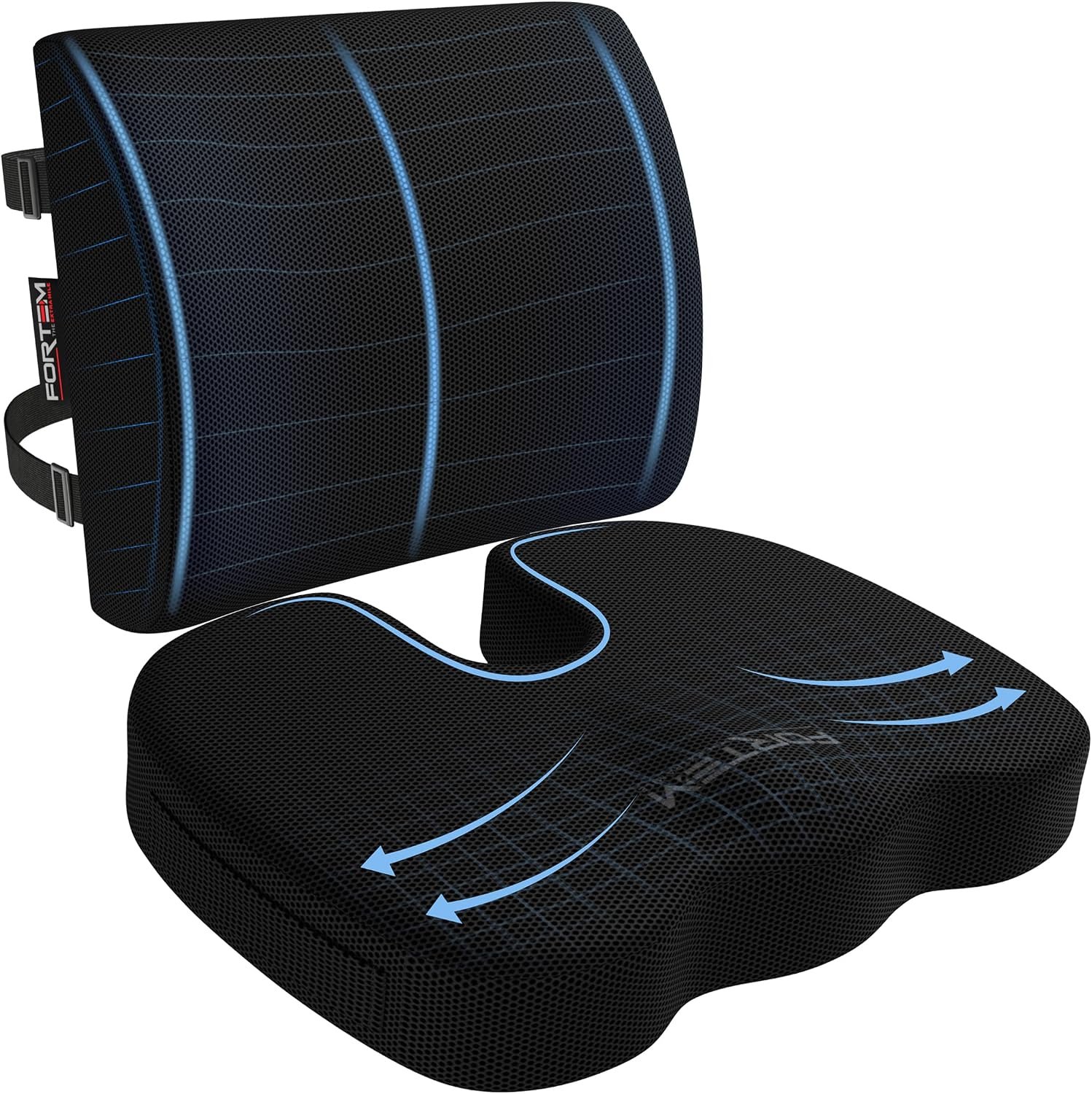 FORTEM Seat Cushion and Lumbar Support Pillow, Office Chair Combo L | Memory foam duo for tailbone, coccyx, sciatica and back pain relief. Washable, non-slip, for desk, car, gaming.