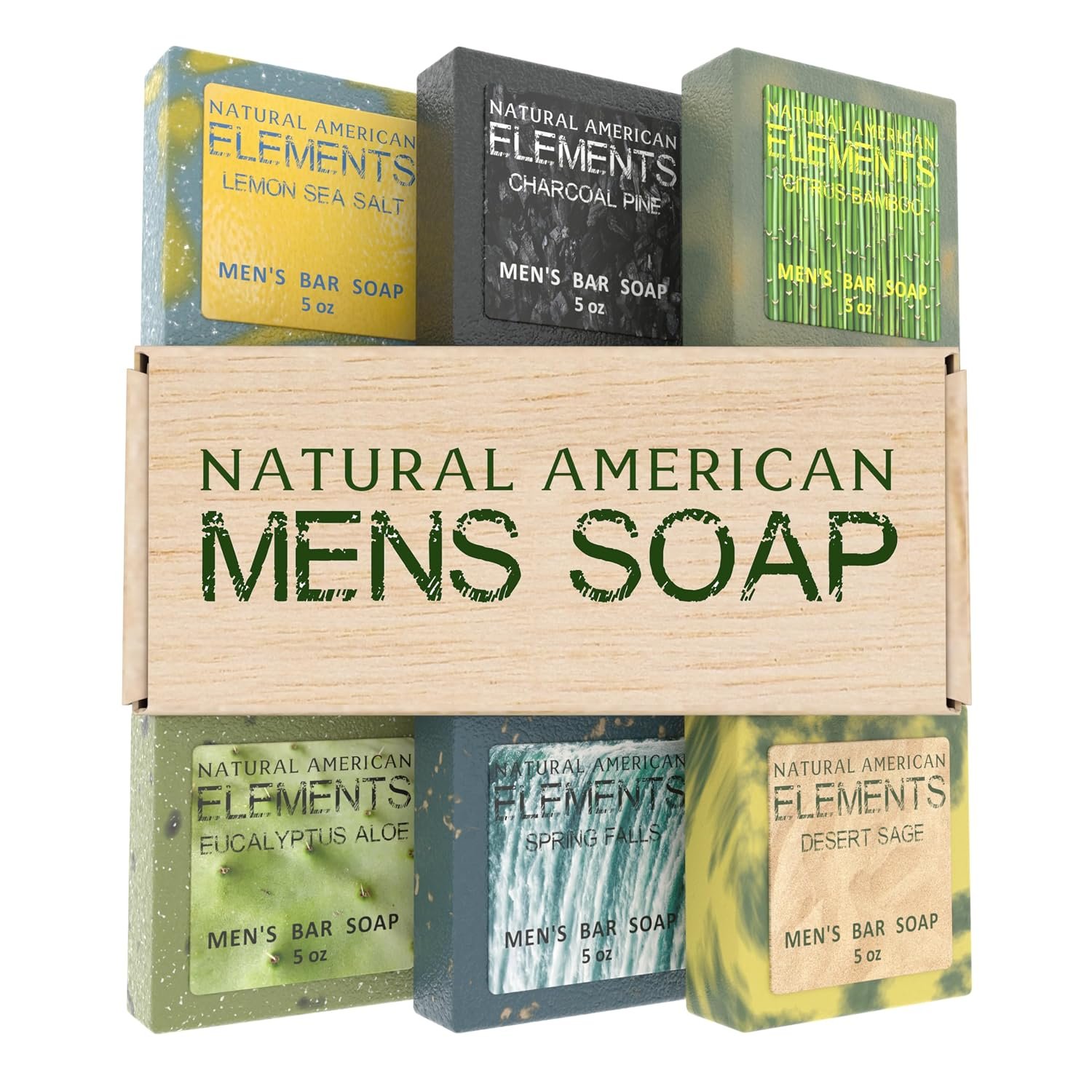NATURAL AMERICAN ELEMENTS Men’s Bar Soap – Masculine Scents, 100% Natural Soap for Men – Essential Oils, Organic Shea Butter – Made in USA, Body Wash – 5 oz (6pk) | 100% Natural, Essential Oils, Organic Shea Butter, Made in USA, Body Wash