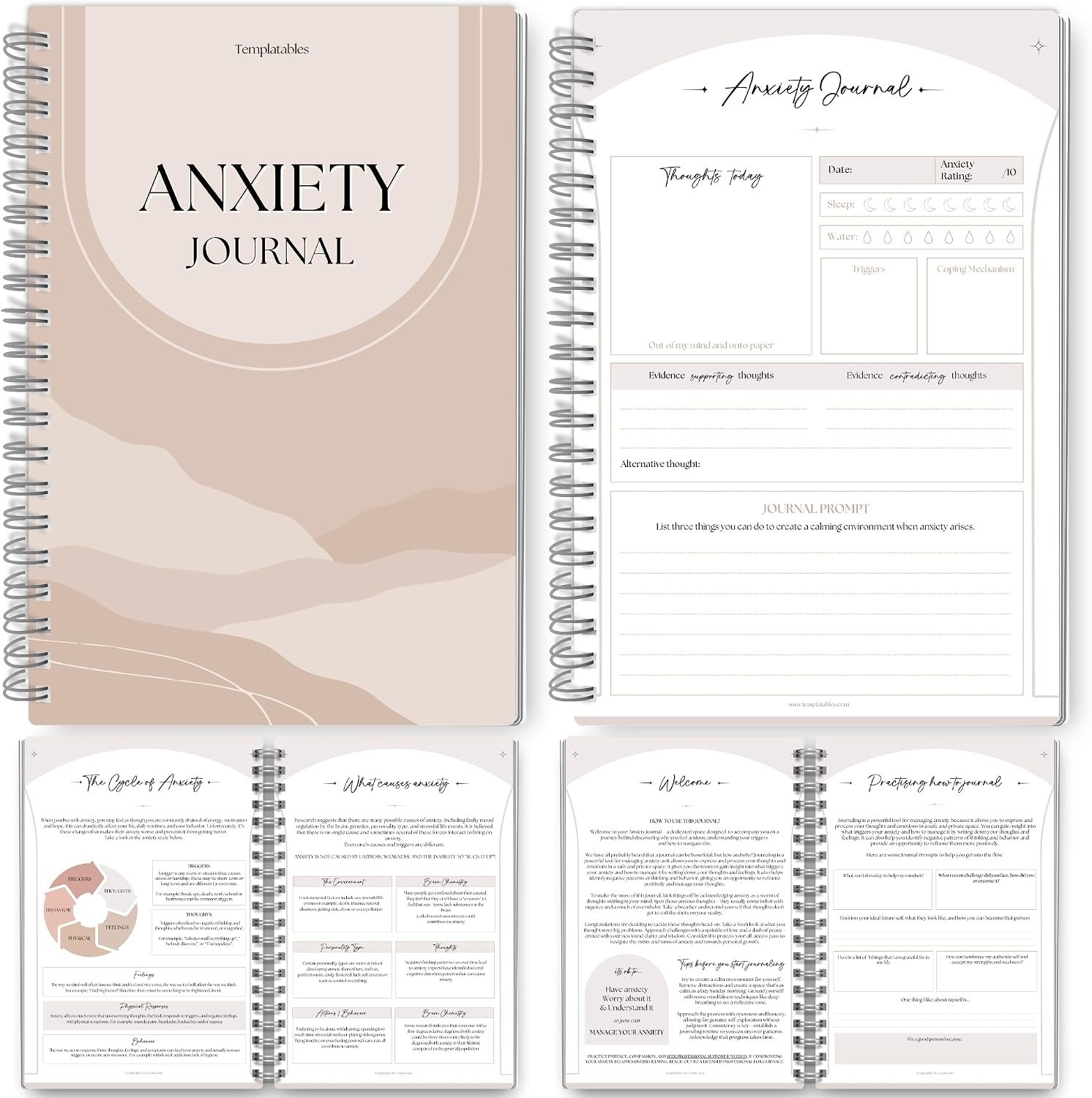 Templatables Anxiety Journal for Adults – CBT Therapy Workbook with Guided Prompts, Trigger Tracker, Sleep & Hydration Logs | Undated A5 Mental Health Notebook for Anxiety Relief & Stress Management