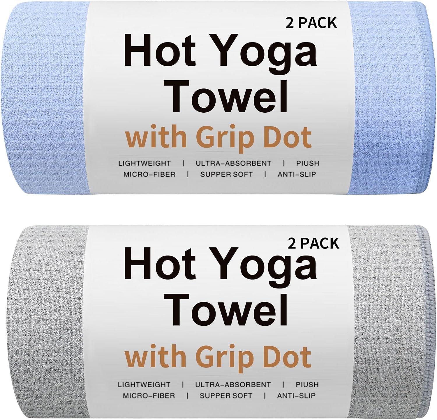 2 Pack Hot Yoga Towel with Grip Dot, Stickyfiber Yoga Mat Towels Non Slip for Hot Yoga，Microfiber Sweat Anti-Slip