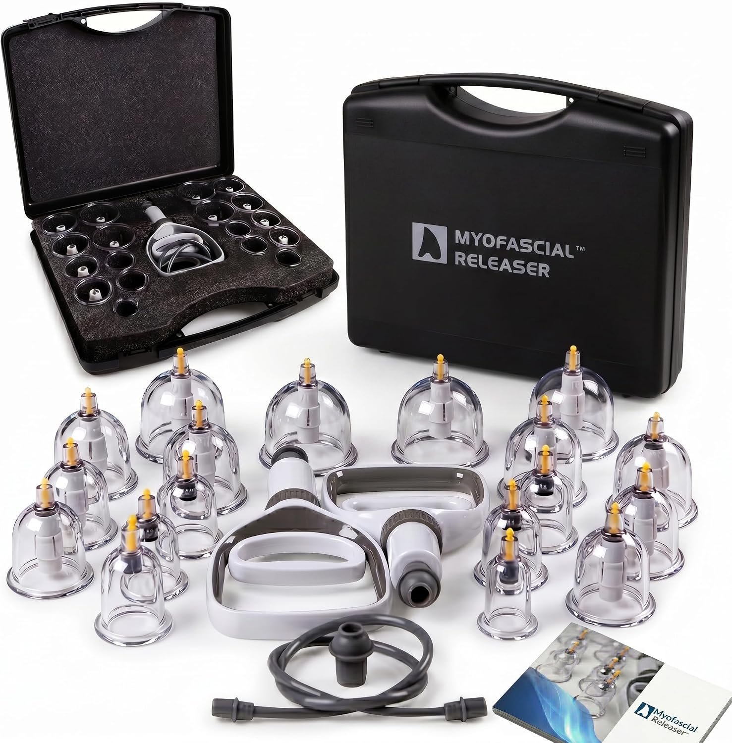 Myofascial Releaser Cupping Set Massager, Cupping Kit for Massage Therapy | 18 Medical-Grade Massage Cups, 2 Hand Pumps and Cupping Booklet, Ventosas Para Masaje Muscular, Suction Cups For Body Therapy