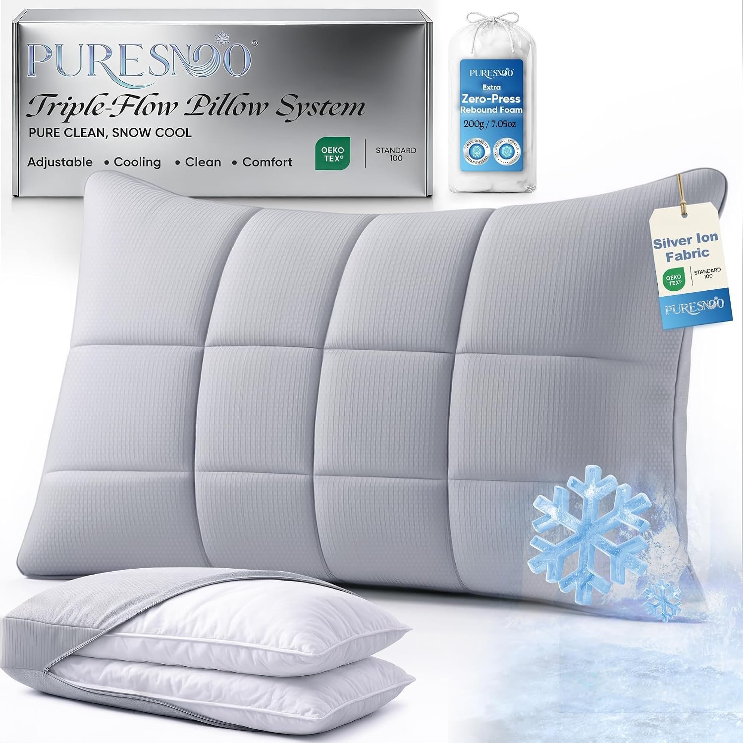 Cooling Pillows for Hot Sleepers, Silver Infused Bed Pillow, Cool Adjustable Pillow for Side Sleepers, Back & Stomach Sleepers, Self-Cleaning Technology for 3X Freshness Sleep, Grey