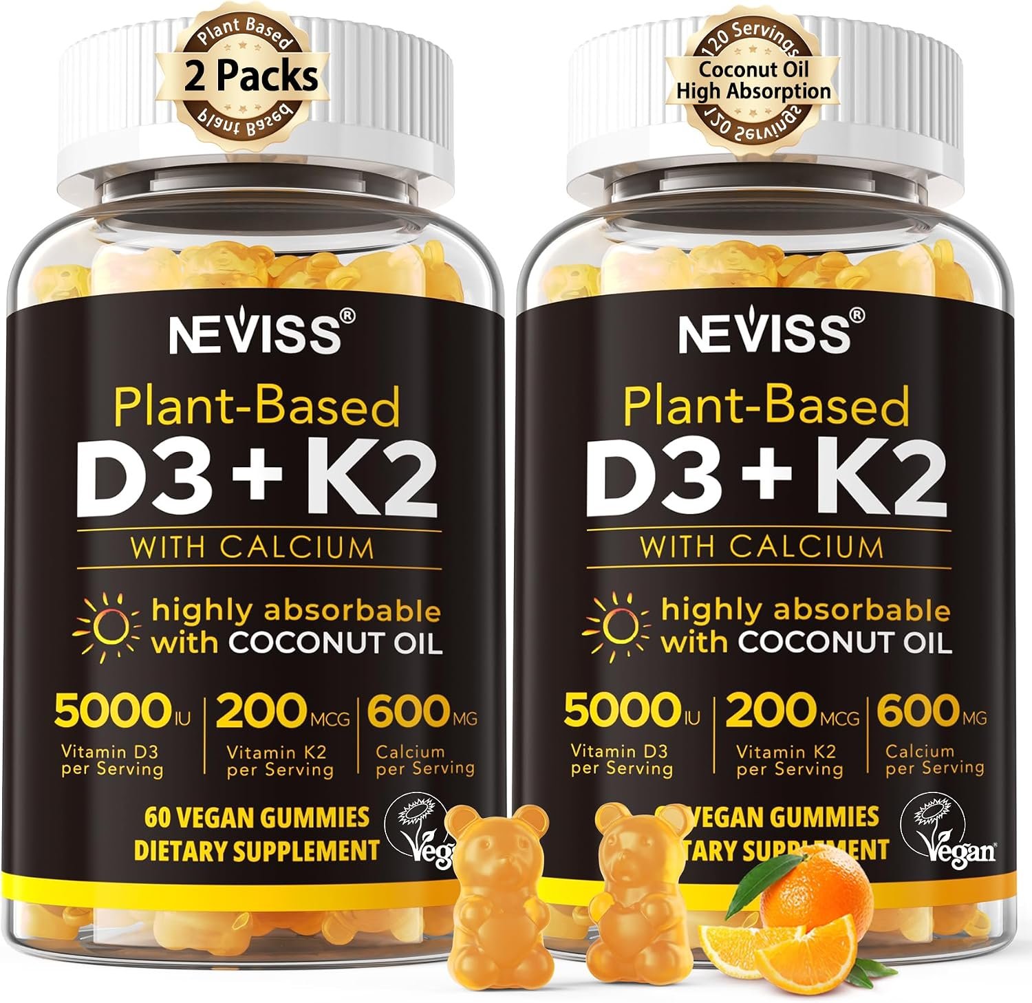 Vitamin D3 K2 Gummies – Vitamin D3 5000iu & K2 Vitamin 200mcg + Calcium 600mg for Adults & GLP-1 Friendly, with Coconut Oil for High Absorption, Support for Bone Muscle Teeth Immune, Vegan 120Count