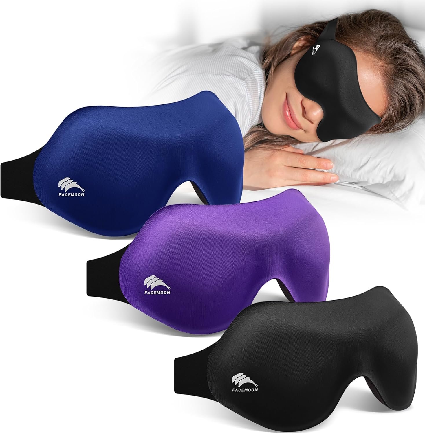 3 Pack Sleep Masks for Side Sleepers, True Blackout Eye Mask for Sleeping | 3D Zero Eye Pressure, Lash-Friendly, Adjustable Soft Eye Cover for Women Men, Travel Night Blindfold