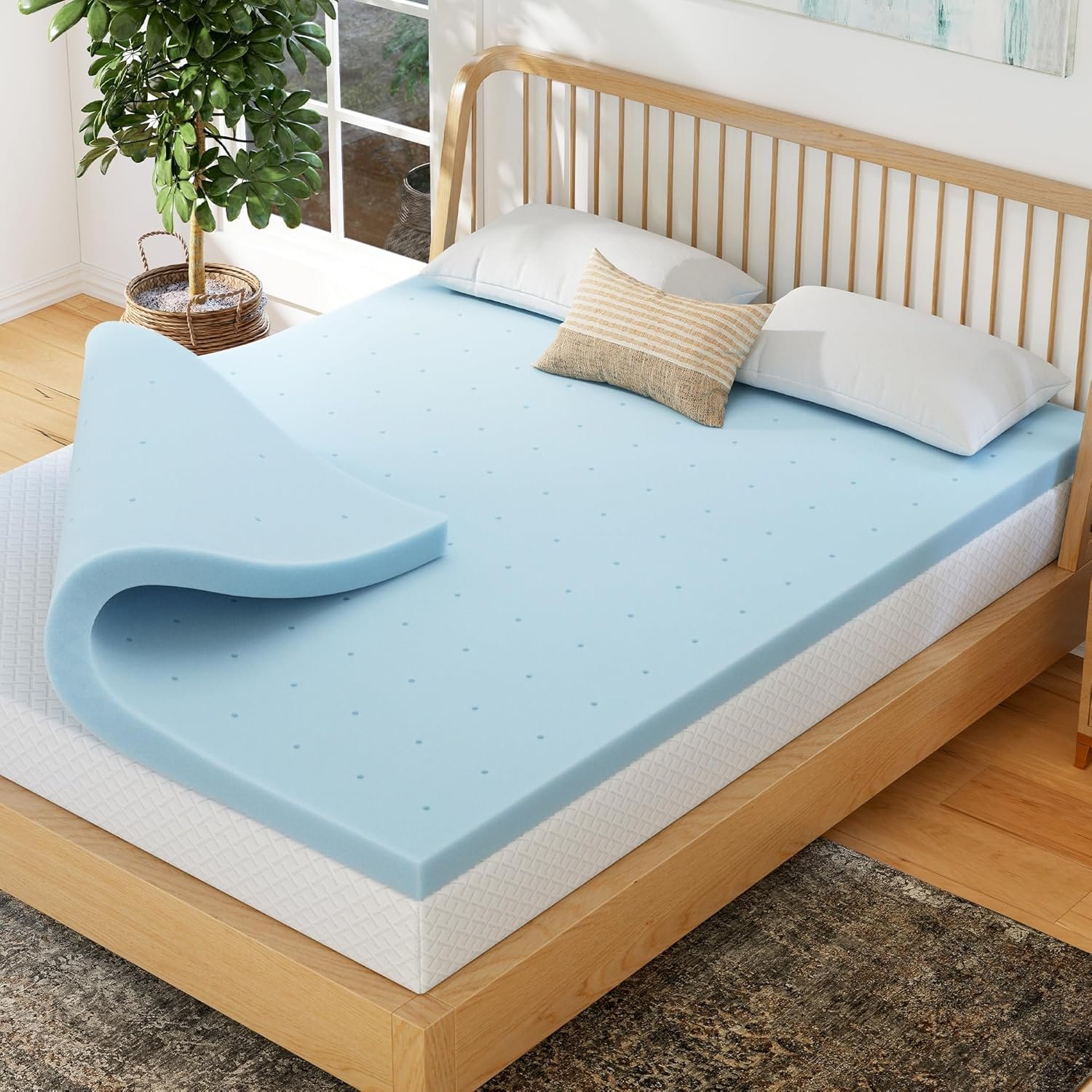 EGOHOME 2 Inch Queen Memory Foam Mattress Topper- Cooling Gel Infused | Pressure Relieving Pad in a box, Dorm Room Essentials, CertiPUR Certified, Blue