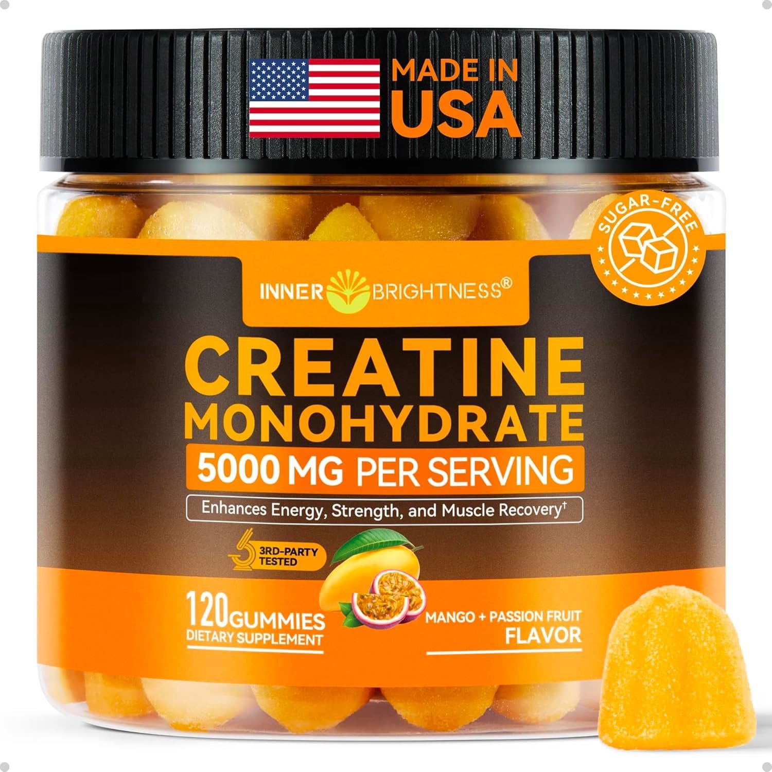 Inner Brightness Creatine Monohydrate Gummies for Men & Women 5000 mg, 3rd Party Tested, Creatine Chews for Muscle Growth, Strength & Energy Support, Sugar Free, Vegan, 120 Count | Creatine Chews for Muscle Growth, Strength & Energy – 5000mg, 120 Count, Sugar Free, Vegan & 3rd Party Tested Formula