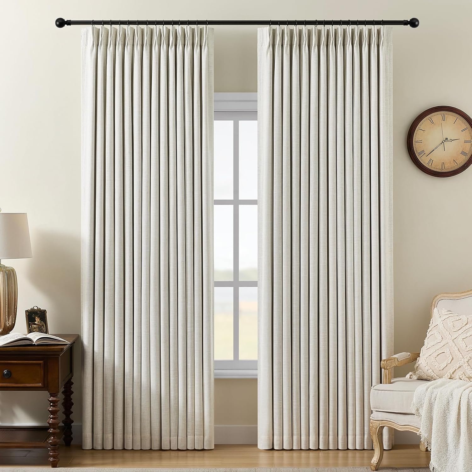 Pinch Pleated Linen Curtains 100% Blackout 95 Inches Long for Bedroom | Natural Black Out Thermal Insulated Curtain Room Darkening Memory Trained Pleat Window Drapes with Hooks, 2 Panels, 40″Wx95″L