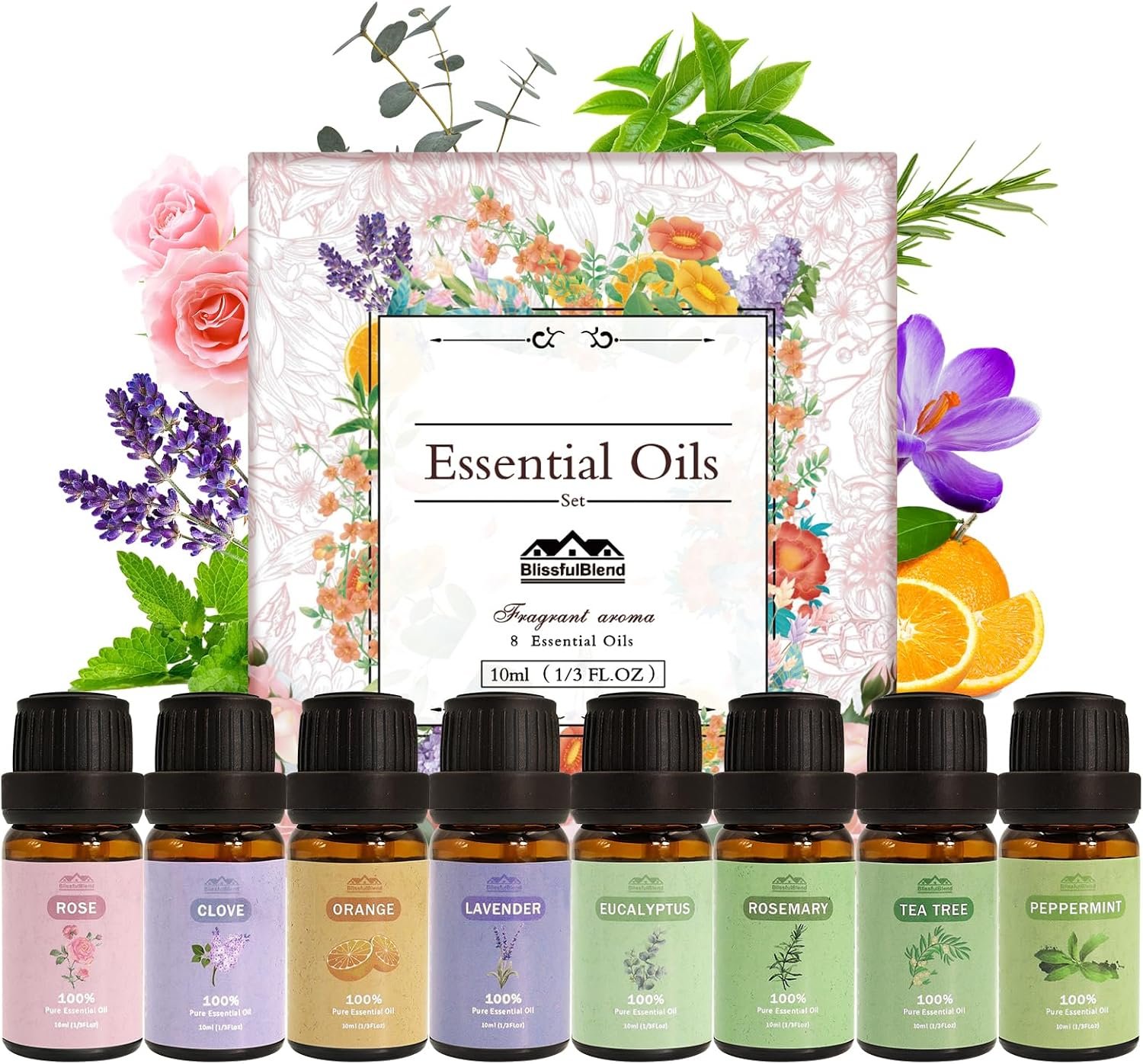 Pure Essential Oils Set for Diffuser for Home & Hotel, 8 PCs×10ML | Fragrance Oils for Candle and Soap Making, Peppermint, Lavender, Eucalyptus, Tea Tree, Rose, Rosemary, Clove & Orange