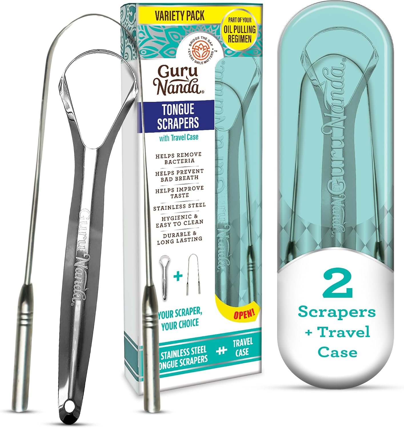 GuruNanda Spoon & U-Shaped Tongue Scraper Variety Pack (2 Pack) with Travel Case, 420 Medical Grade Stainless Steel, Promotes Fresh Breath & Oral Care