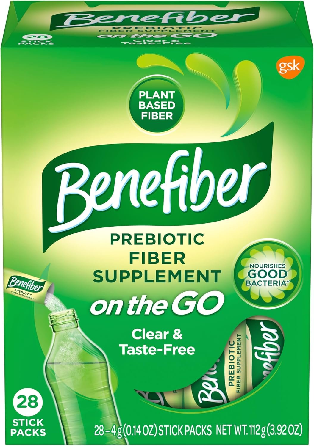 Benefiber Prebiotic Fiber Supplement Powder, Unflavored, 28 Stick Packs | Plant-based Prebiotic Fiber Powder, Sugar-Free, Dissolves Clear and Tasteless, GLP-1 Support for Digestive Health