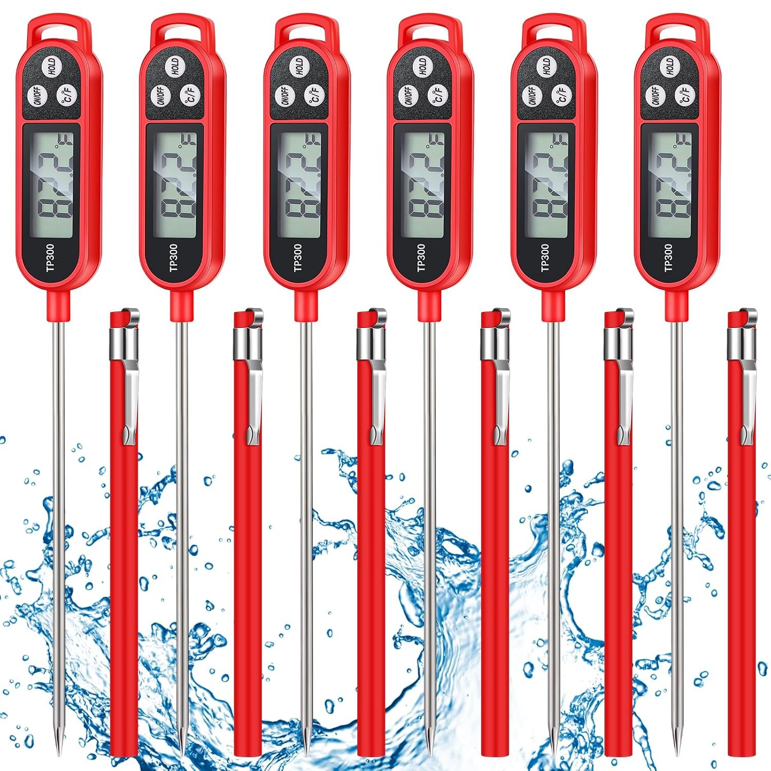6 Pcs Meat Thermometer Food Thermometer with Probe Water Liquid Instant Read Digital Thermometer Cooking Thermometer Supplies BBQ Kitchen Thermometer for Cooking Milk Yogurt (Red)