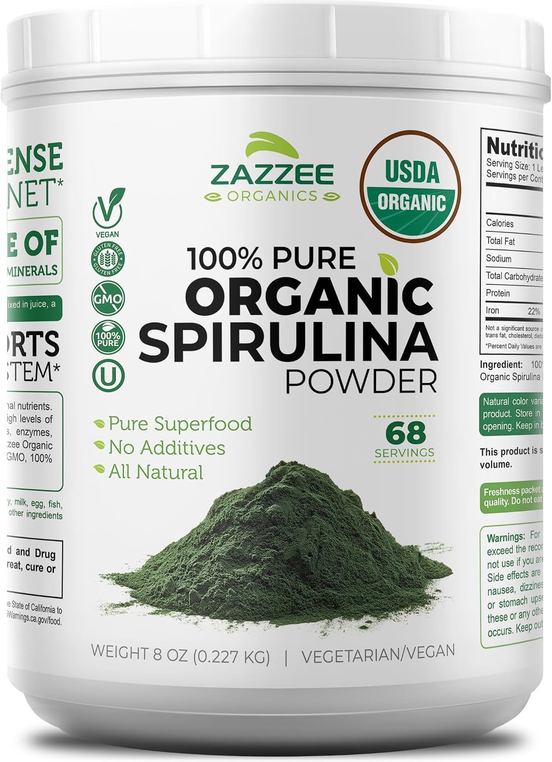 Zazzee USDA Organic Spirulina Powder, 8 Ounces, 68 Servings, Certified Kosher, 100% Pure, Non-Irradiated, Mess-Free Wide Mouth Container, Fresh Smell and Neutral Taste, Non-GMO, Made in the USA