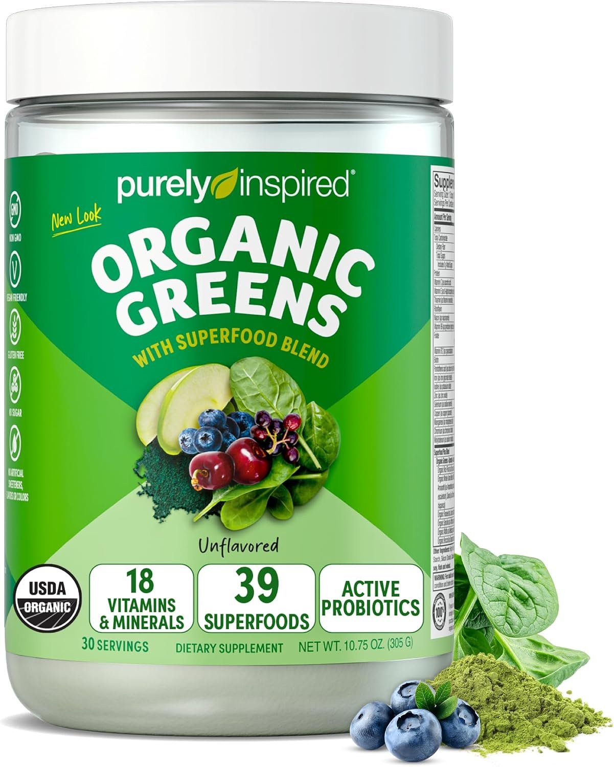Purely Inspired Organic Greens Powder Superfood Smoothie Mix, Unflavored | Super Greens with Probiotics, Spirulina & Chlorella for Gut & Digestive Health – Vegan (30 Servings)