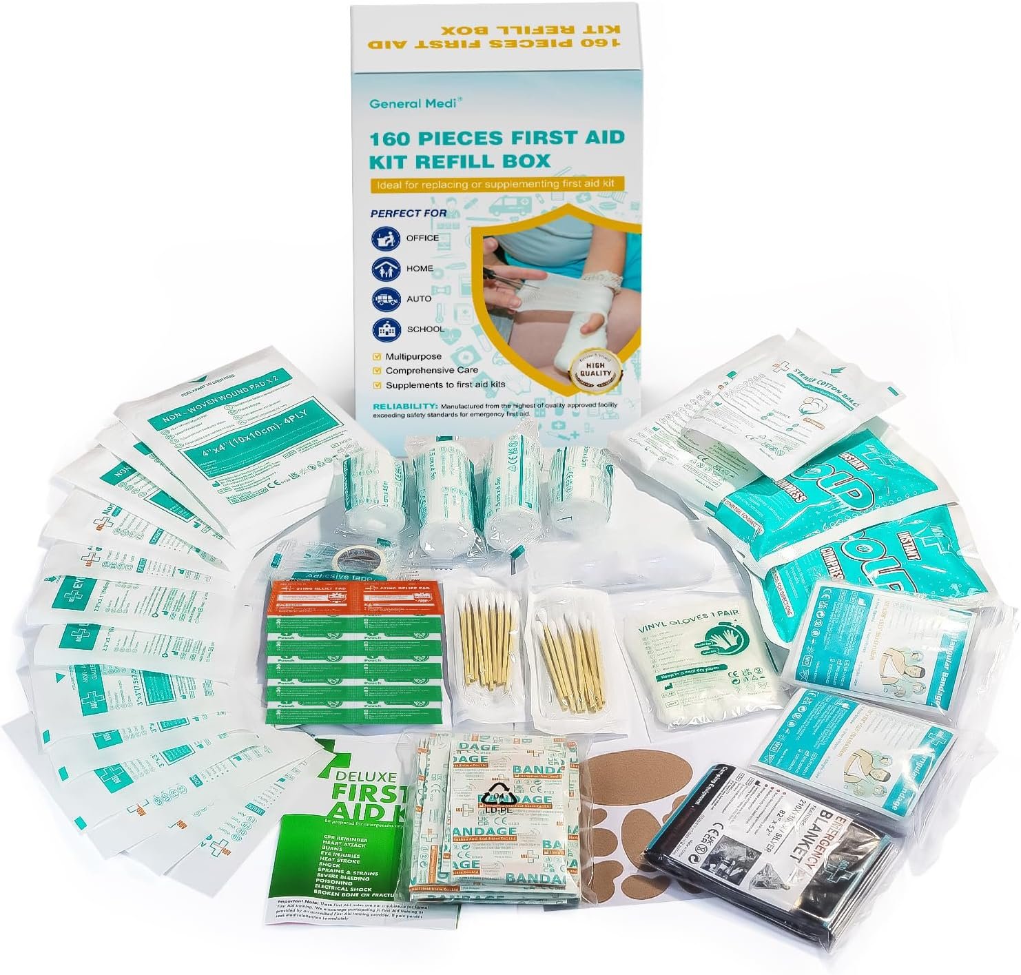General Medi 160 Piece First Aid Kit Bag Refill Kit – Includes Instant Cold Pack, Bandages,Emergency Blanket, Moleskin Pad, Gauze – Extra Replacement Medical Supplies for First Aid