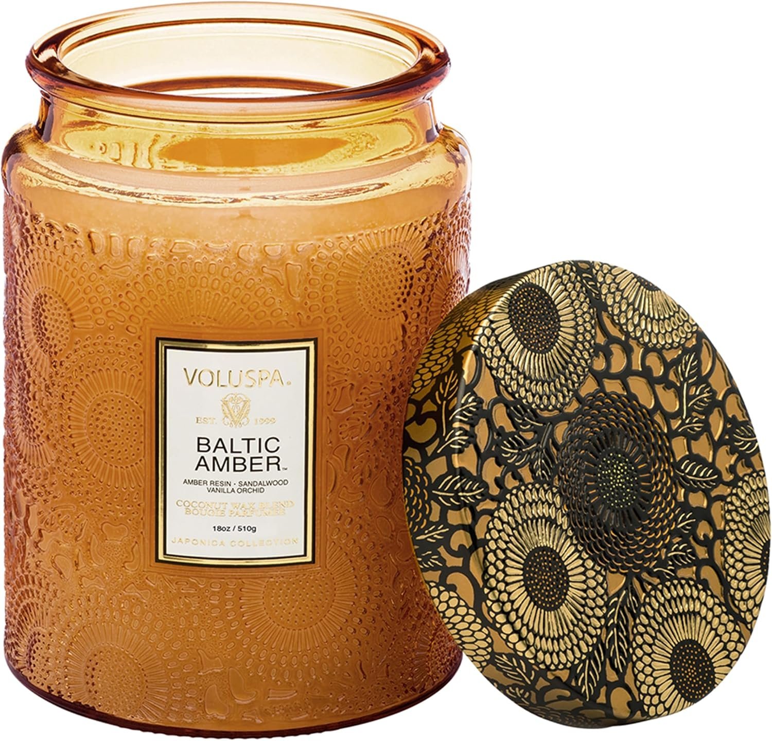 Voluspa Baltic Amber Large Scented Candle Jar 18 Oz, 100 Hr Burn | Coconut Wax Blend in Decorative Glass, Clean Even Burn, USA Handcrafted Gift for Hosts, Fragrance Lovers & Relaxed Rooms