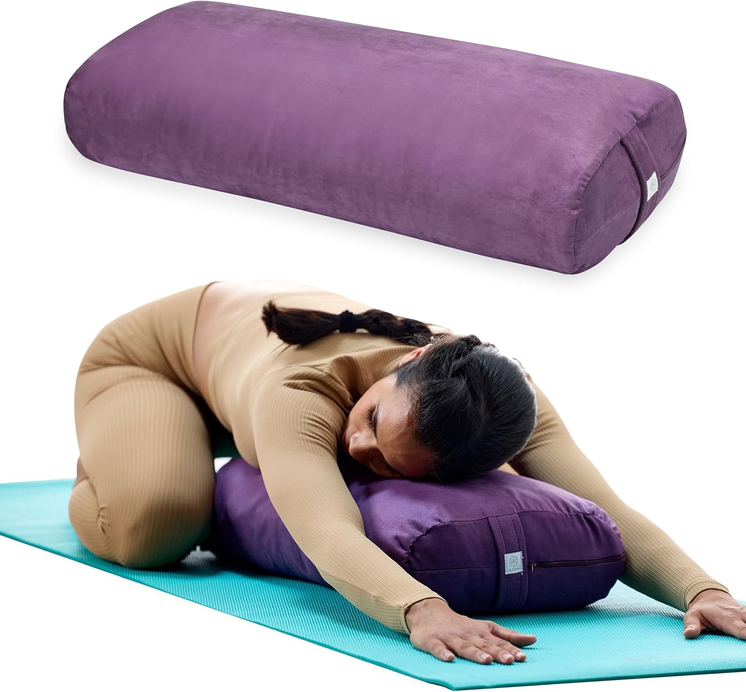 Gaiam Yoga Bolster Pillow, Soft Meditation Cushion for Yoga, Massage and Back Support, Breathable Cotton Fill, Zippered Microfiber Cover, Easy-Carry Handle, Machine Washable | Firm cotton-filled bolster supports stretching & restorative poses. Carry handle, washable cover, yoga prop.