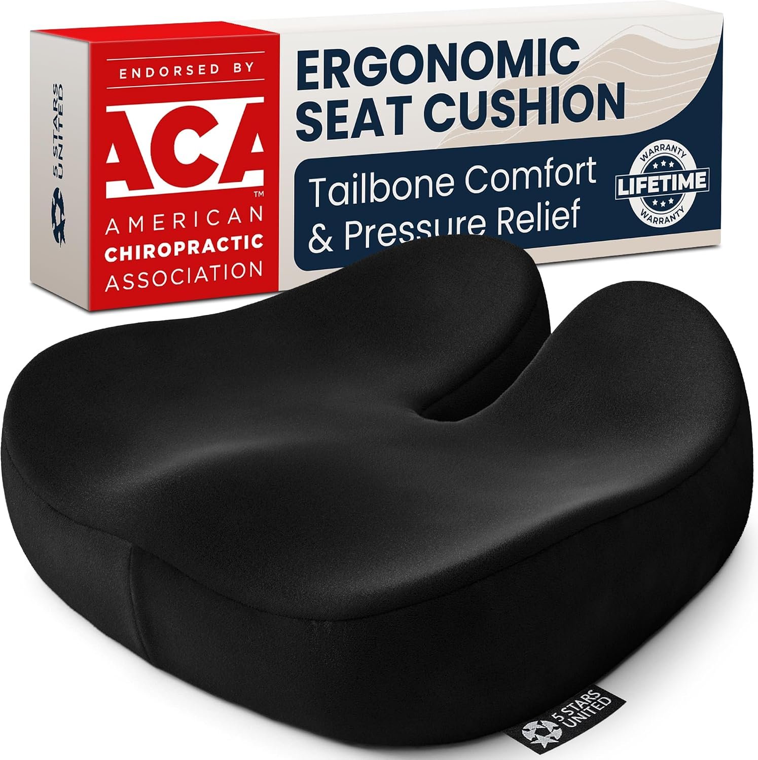 5 STARS UNITED Seat Cushion – Memory Foam Chair Pad for Tailbone Pain Relief – Ergonomic Support for Coccyx, Sciatica & Butt – Office, Desk & Gaming Chair, Car Seat, Wheelchair, Black Suede