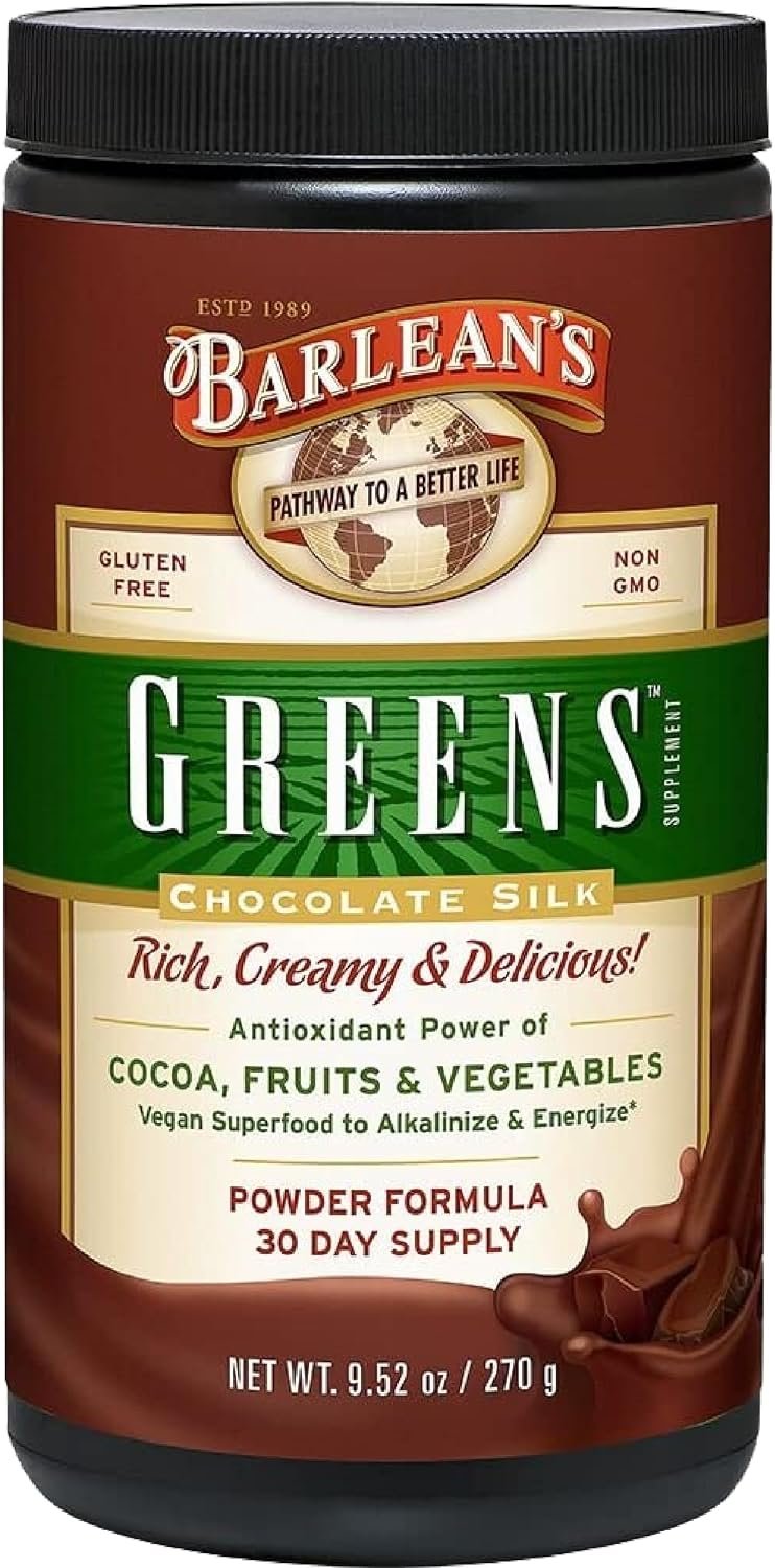 Barlean’s Chocolate Greens Powder, Daily Fruit and Vegetable Superfood Supplement, Green Antioxidant Blend and Fiber Smoothie Drink Mix, 9.52 oz