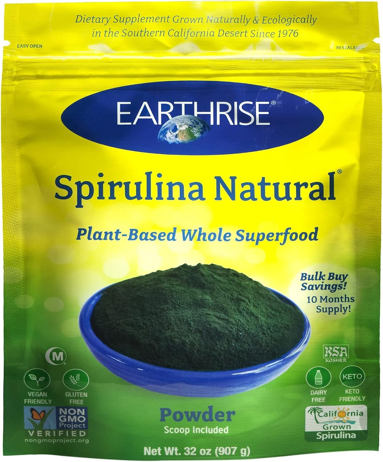 Earthrise Spirulina Natural Powder 32oz (2 LB) | Natural Premium from California, Vegan, Gluten Free, Keto Friendly, Non-GMO Super Food