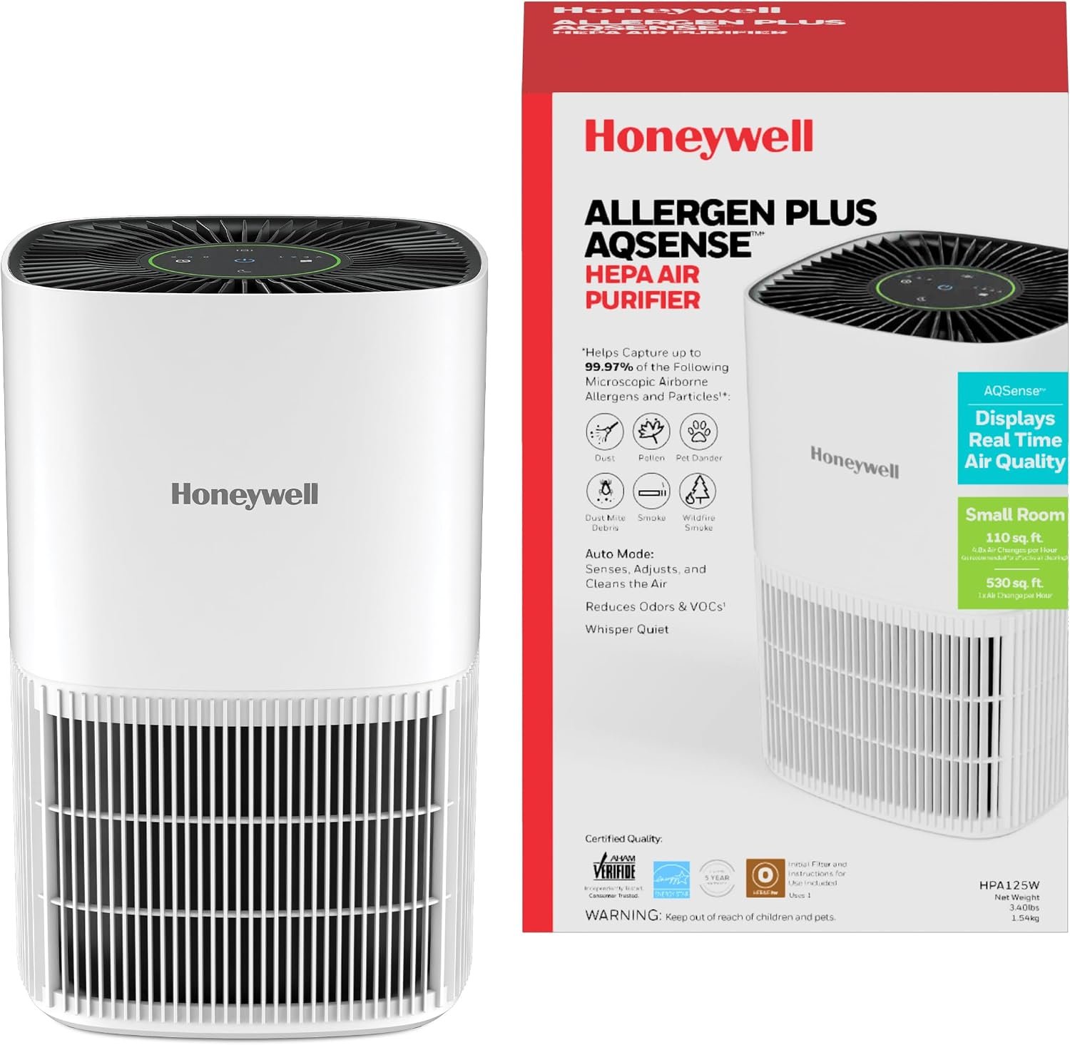 Honeywell Allergen Plus Compact HEPA Small Room Air Purifiers, White | Honeywell air purifiers for home, Up to 530 ft², Quiet HEPA air purifiers for bedroom, 3-in-1 filter, HPA125W