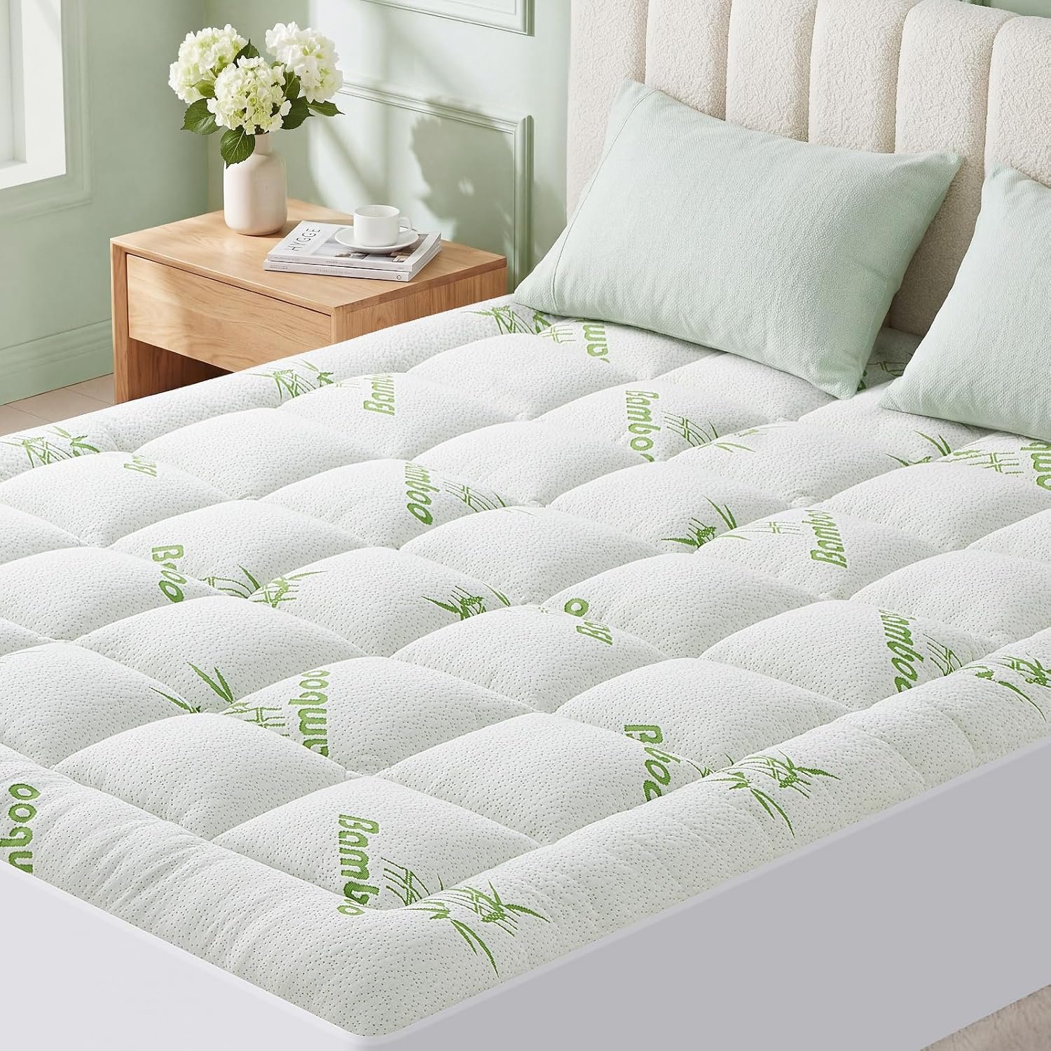Queen Size Mattress Topper Viscose Made from Bamboo, Extra Thick Quilted Pillow Top, Naturally Cooling & Breathable for Hot Sleepers, Back Pain Relief, Deep Pocket Skirt Fits 6-18″, Green