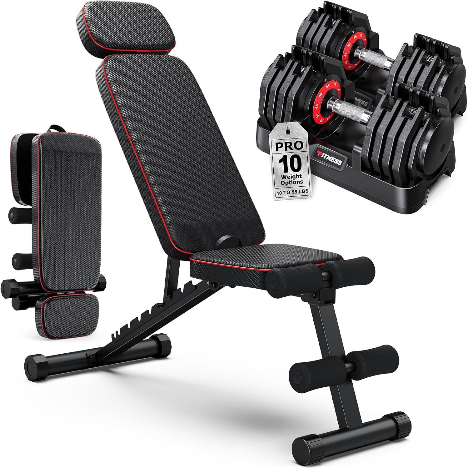 Rendpas Adjustable Dumbbell Set with Workout Bench at Home | 25/55/80LB Pair, 1-Second Quick Adjust, Dual-Lock Safety, Space-Saving Tray, 800lb Rated, Foldable Design