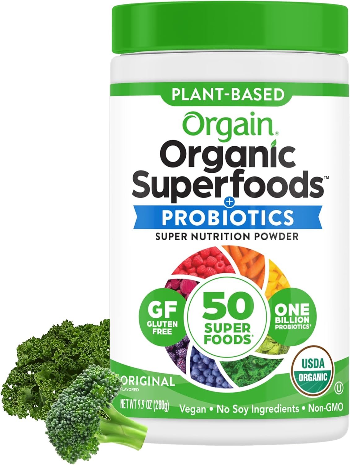 Orgain Organic Greens Powder, 50 Superfoods + Probiotics, Original, 0.62 lb | 1 billion probiotics for digestive health, antioxidants, vegan, gluten free, non-GMO, for smoothies & green juice