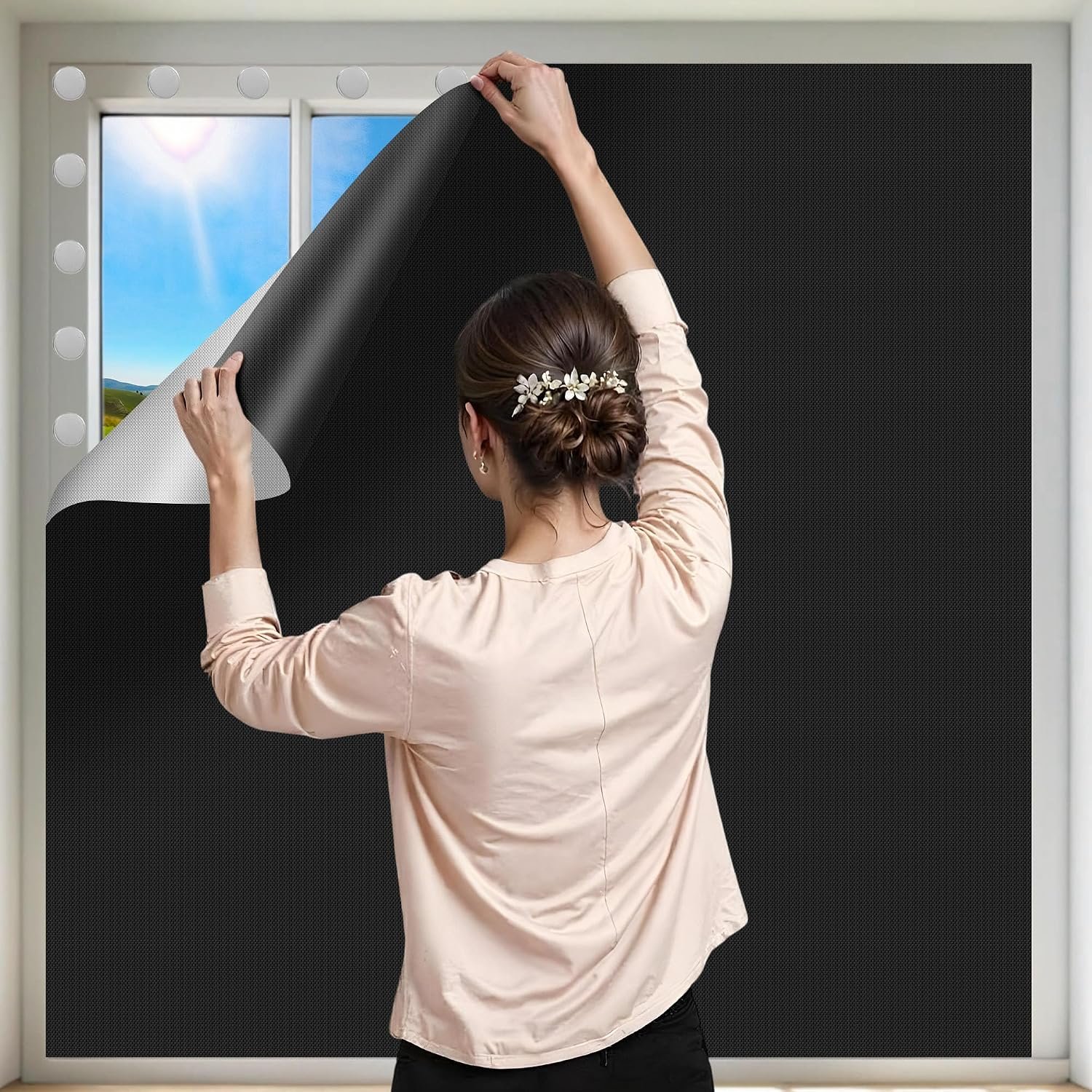 Black Out Window Cover Portable Blacout Curtain for Bedroom Blackout Blinds | No Drill Cuttable Blackout Shades Adhesive Thermal Portable Temporary Darkening Kitchen Travel Skylight RV Dorm, 40×57 inch