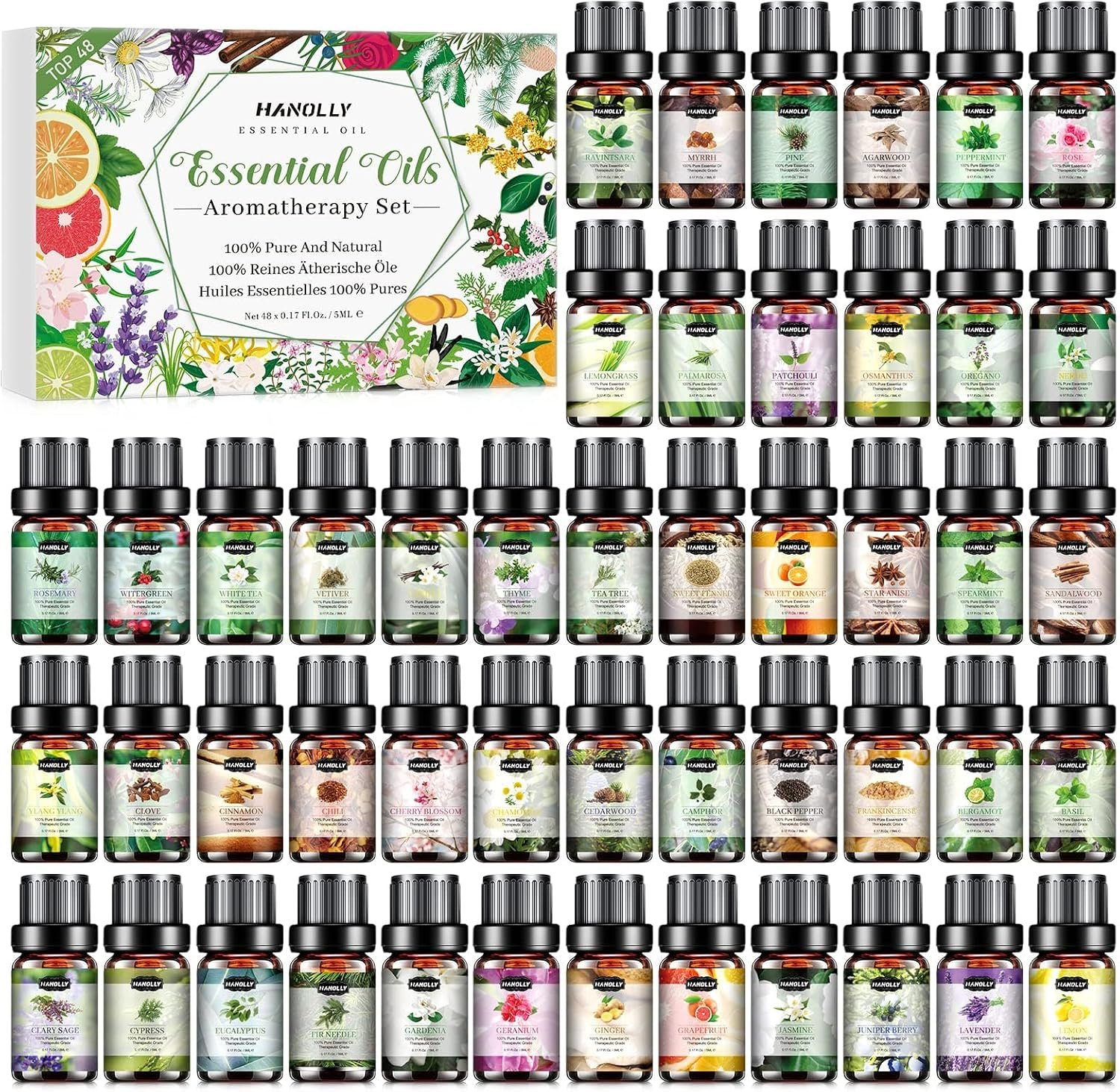 Essential Oils Set, Aromatherapy Essential Oil Kit for Diffuser, Candle, Soap Making, Massage, Skin Care (48 x 5ml) – Sandalwood, Eucalyptus, Lavender, Tea Tree, Peppermint Aromatherapy Oil