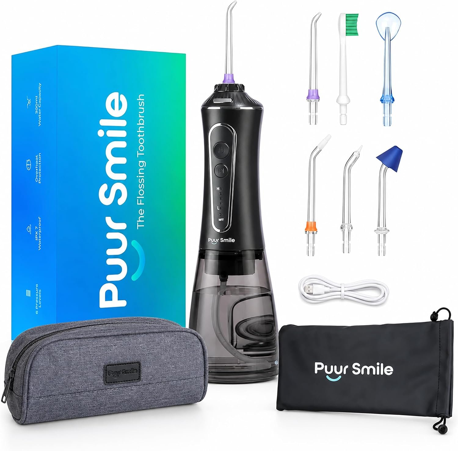 Portable Water Flosser Cordless by Puur Smile – Advanced Dental Care for a Healthier Mouth, Gum, and Teeth – IPX7 Waterproof Oral Irrigator | 7 Replacement Tips, Travel-Friendly, Rechargeable